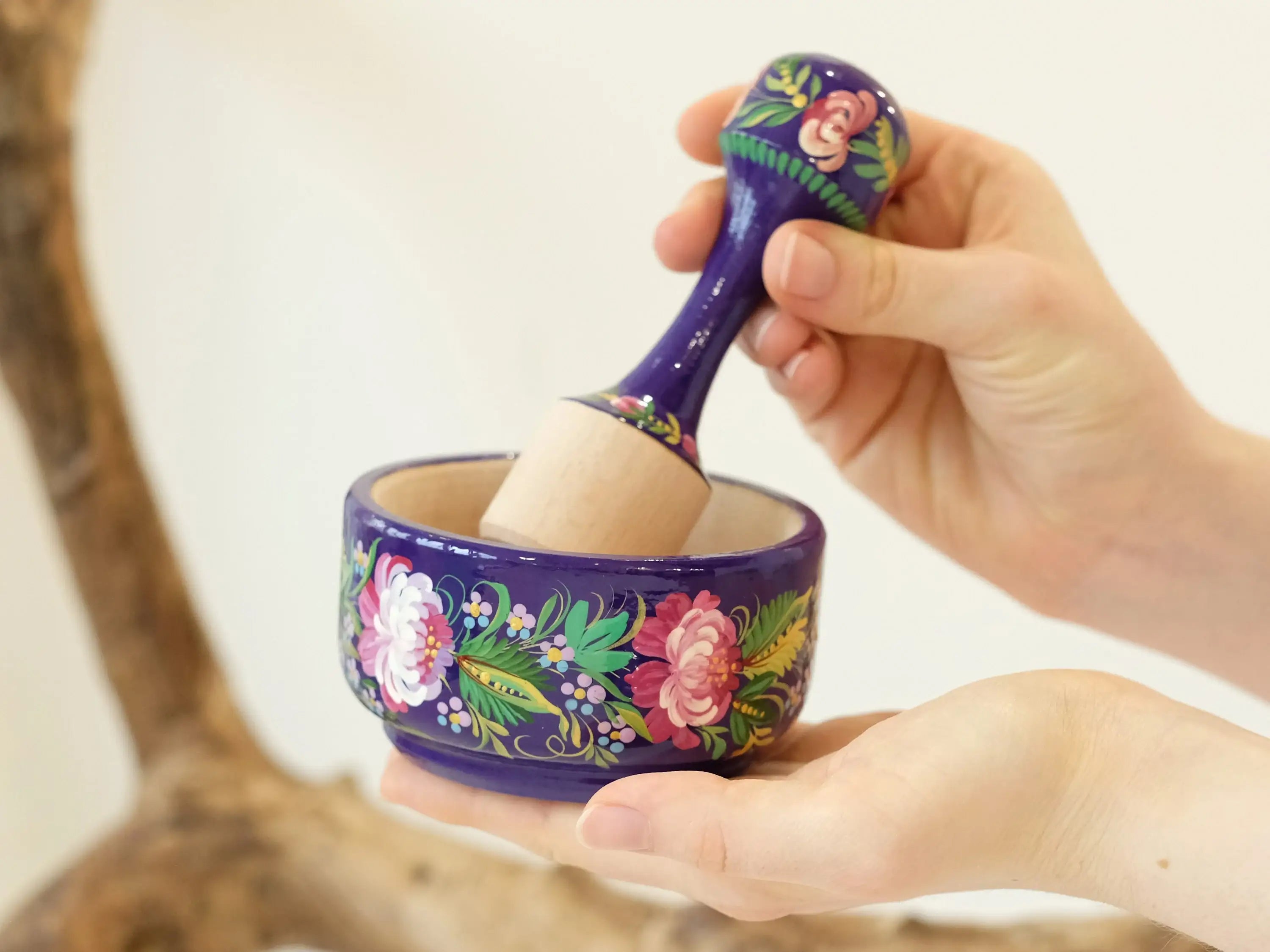 Wooden Mortar and Pestle Set - Artisanal Petrykivka Art Hand-painted Peony Crush Bowl, Purple and Pink Flower