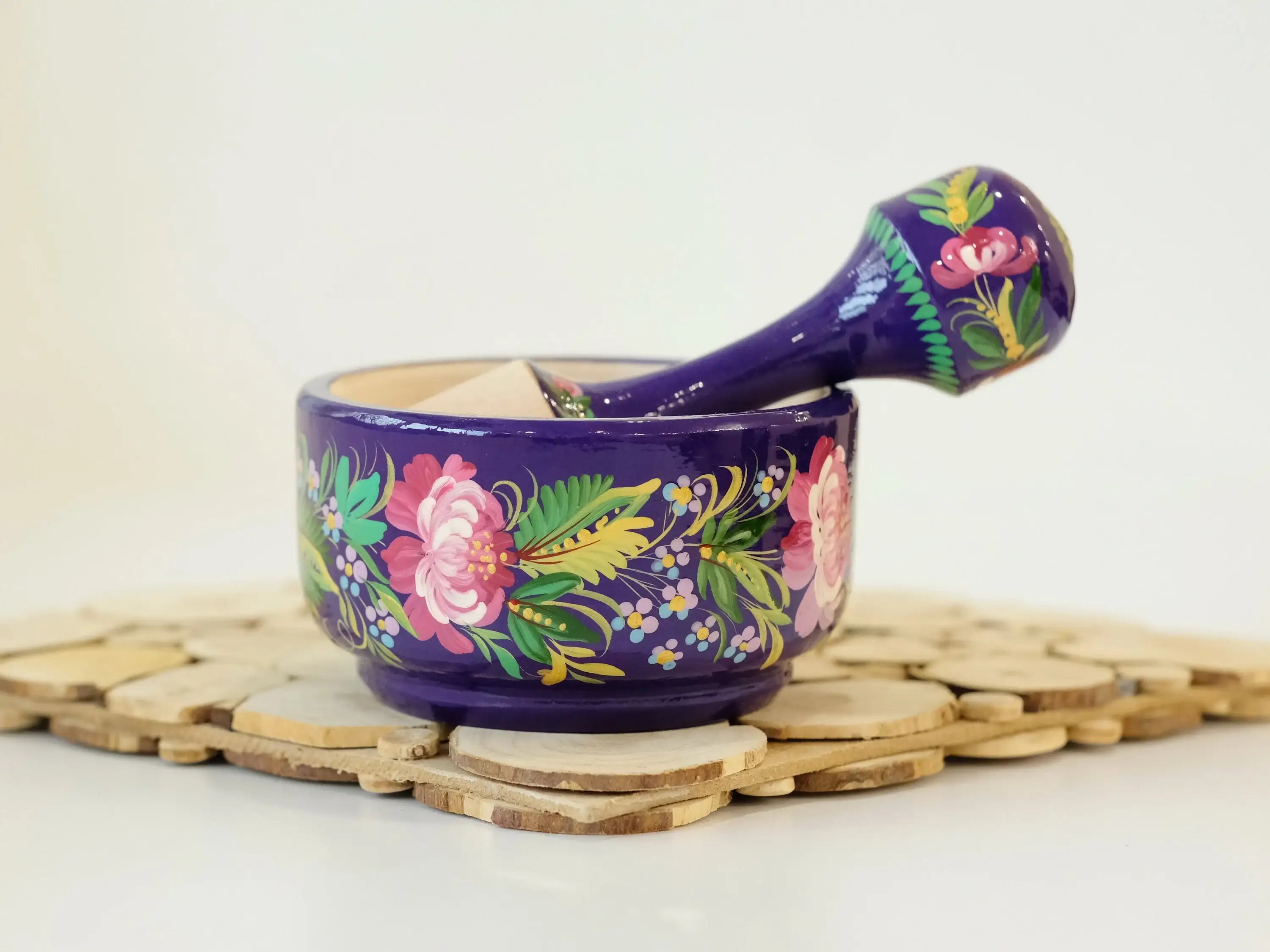 Wooden Mortar and Pestle Set - Artisanal Petrykivka Art Hand-painted Peony Crush Bowl, Purple and Pink Flower