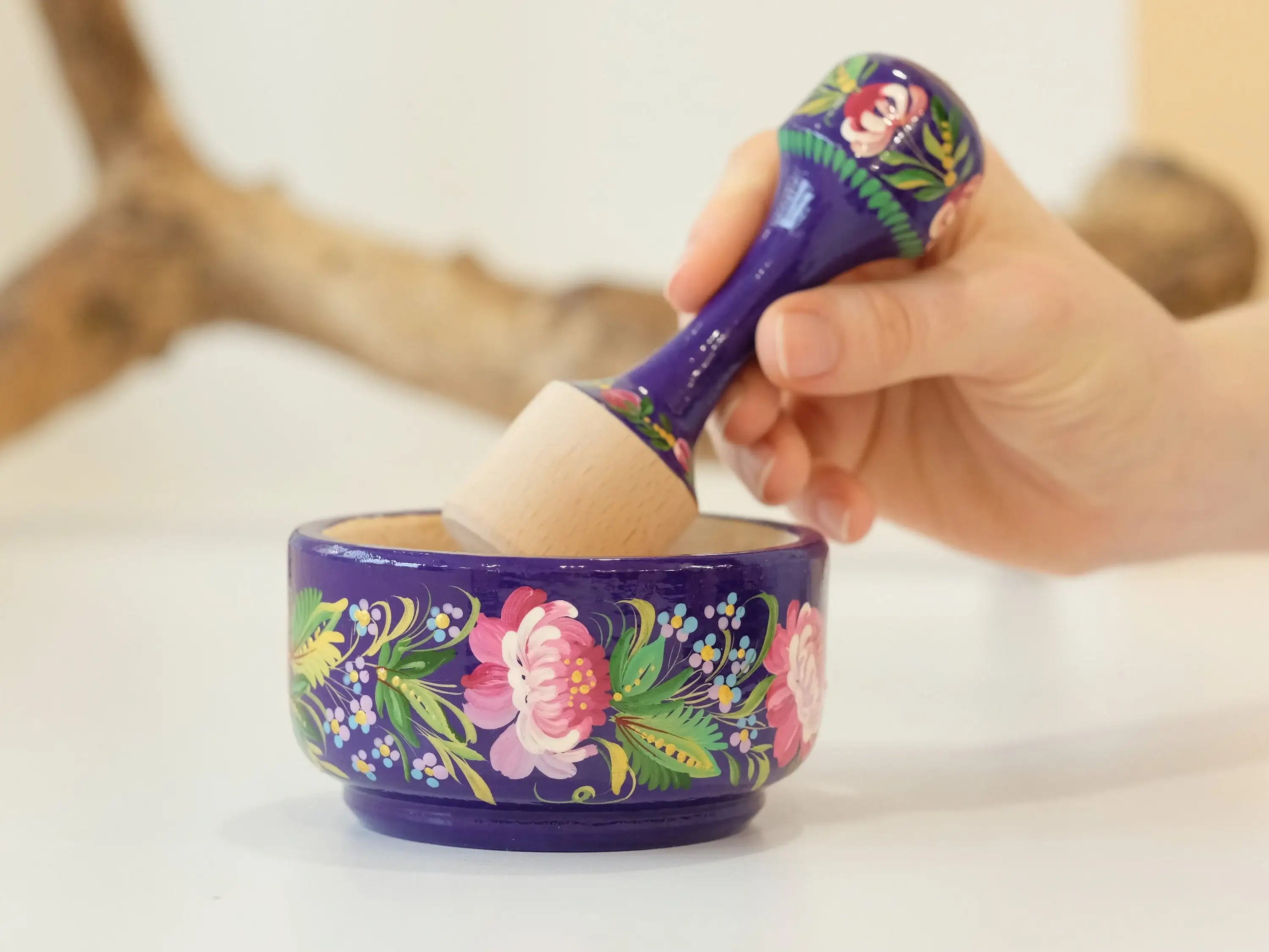 Wooden Mortar and Pestle Set - Artisanal Petrykivka Art Hand-painted Peony Crush Bowl, Purple and Pink Flower
