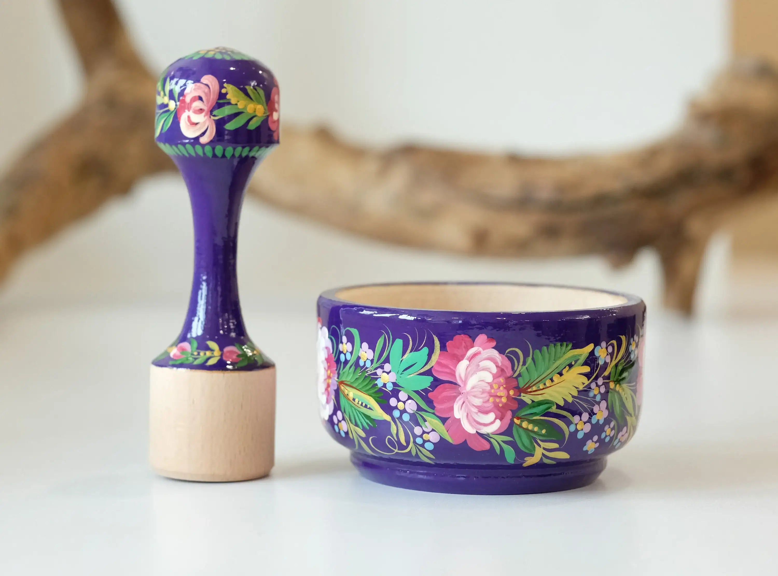 Wooden Mortar and Pestle Set - Artisanal Petrykivka Art Hand-painted Peony Crush Bowl, Purple and Pink Flower