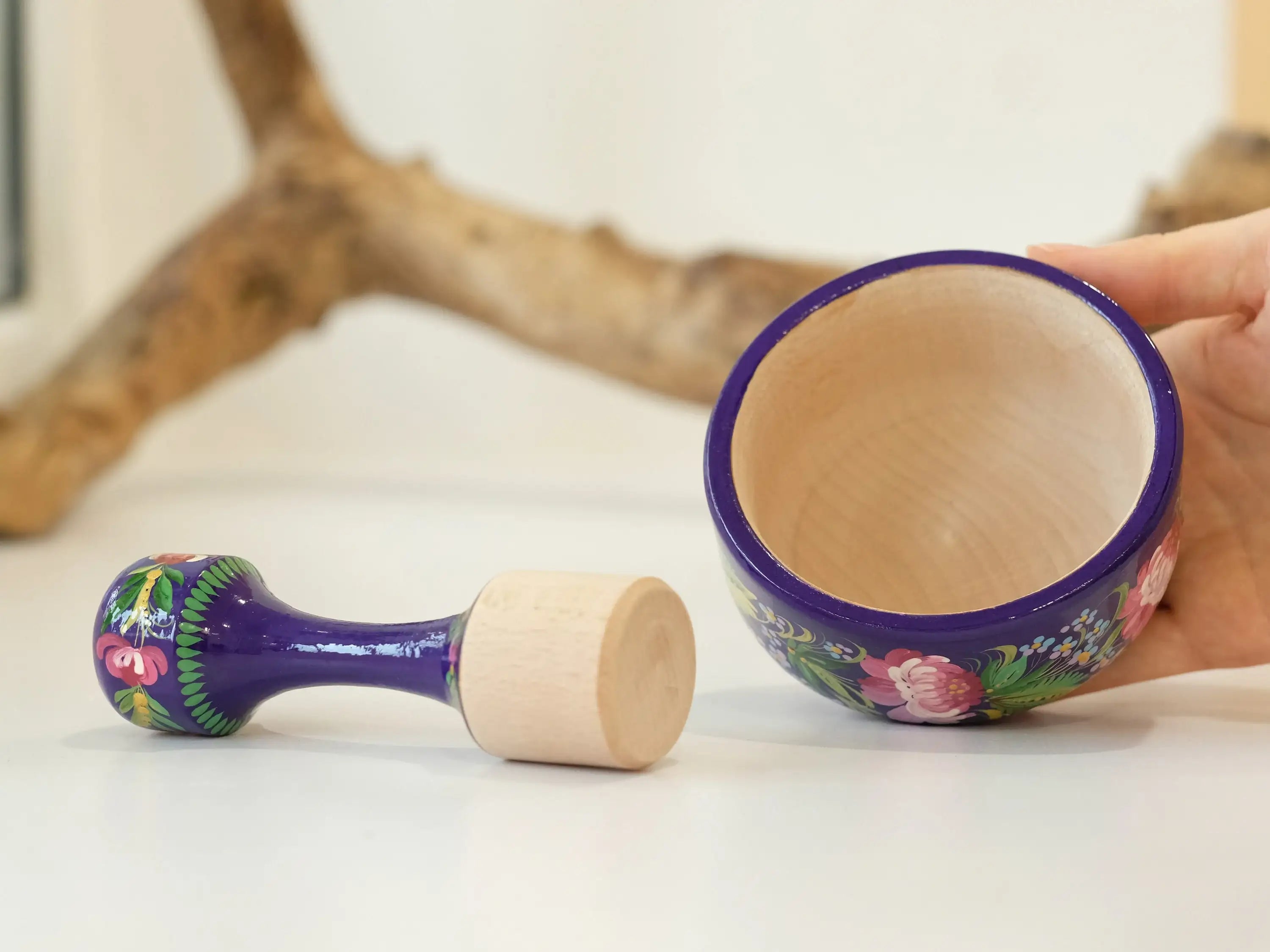 Wooden Mortar and Pestle Set - Artisanal Petrykivka Art Hand-painted Peony Crush Bowl, Purple and Pink Flower