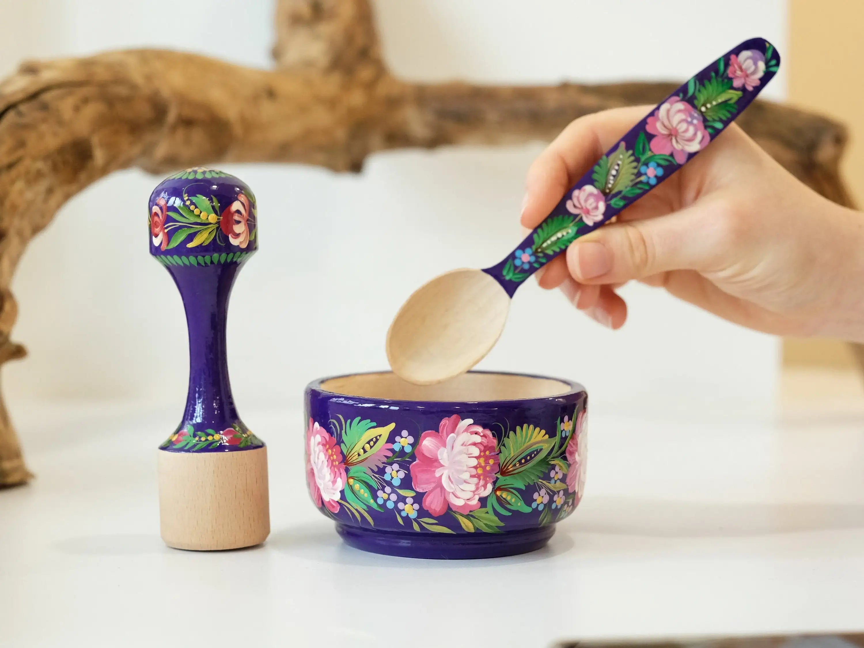 Wooden Mortar and Pestle Set - Artisanal Petrykivka Art Hand-painted Peony Crush Bowl, Purple and Pink Flower