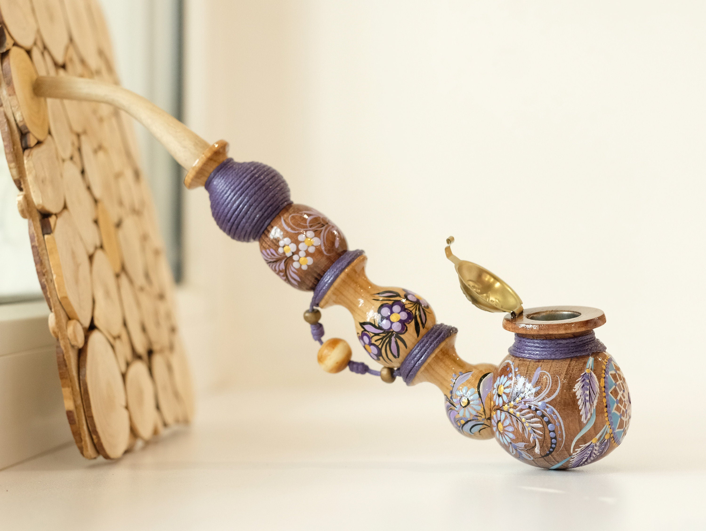 Long wooden smoking pipe - Hand-painted Dream catcher tobacco pipe with lid & waxed cord wrap
