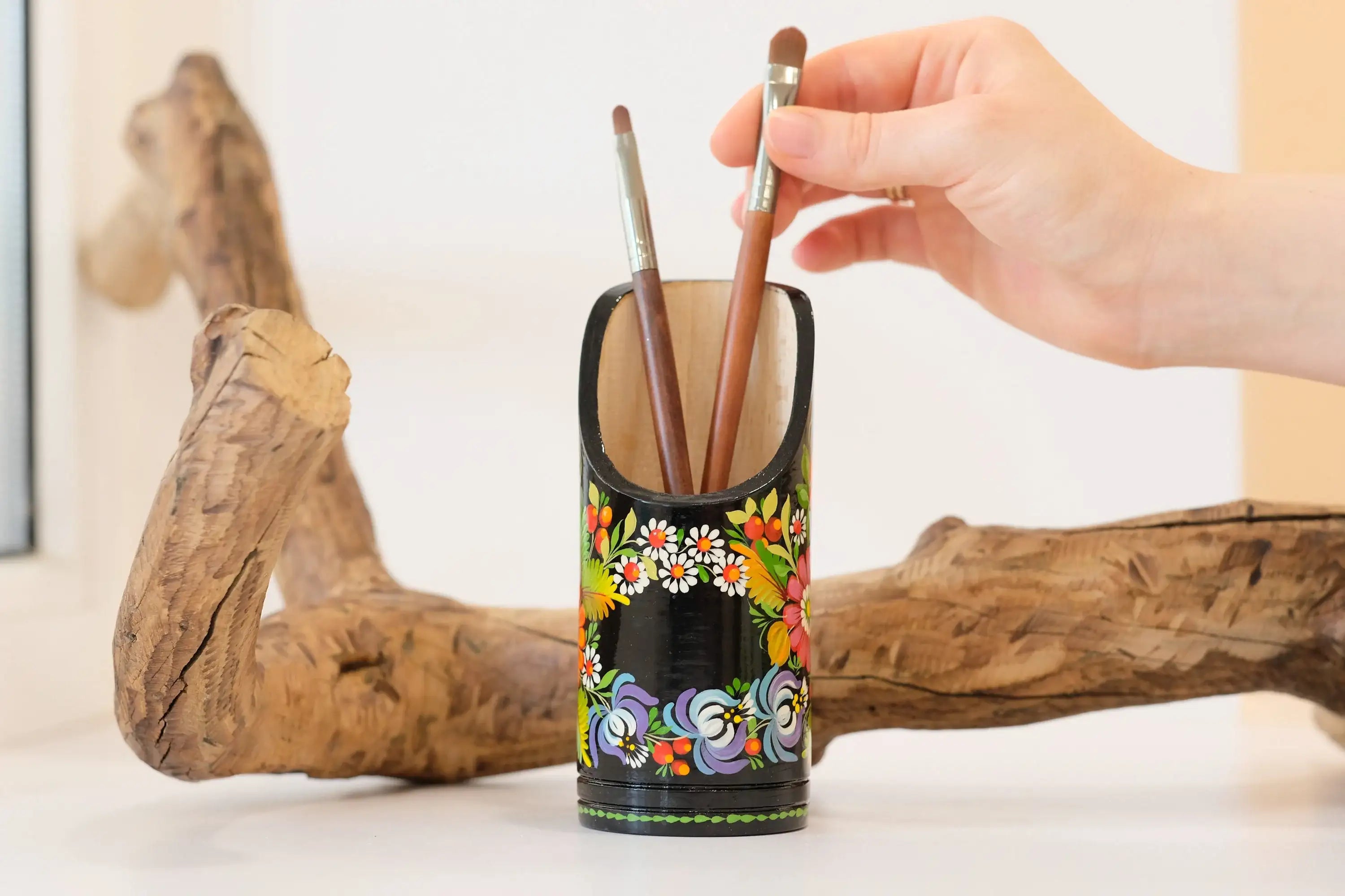Personalized Wooden Painted Pencil Cup - Custom Pencil cup, Ukrainian Petrykivka Art Flower Pencil Holder