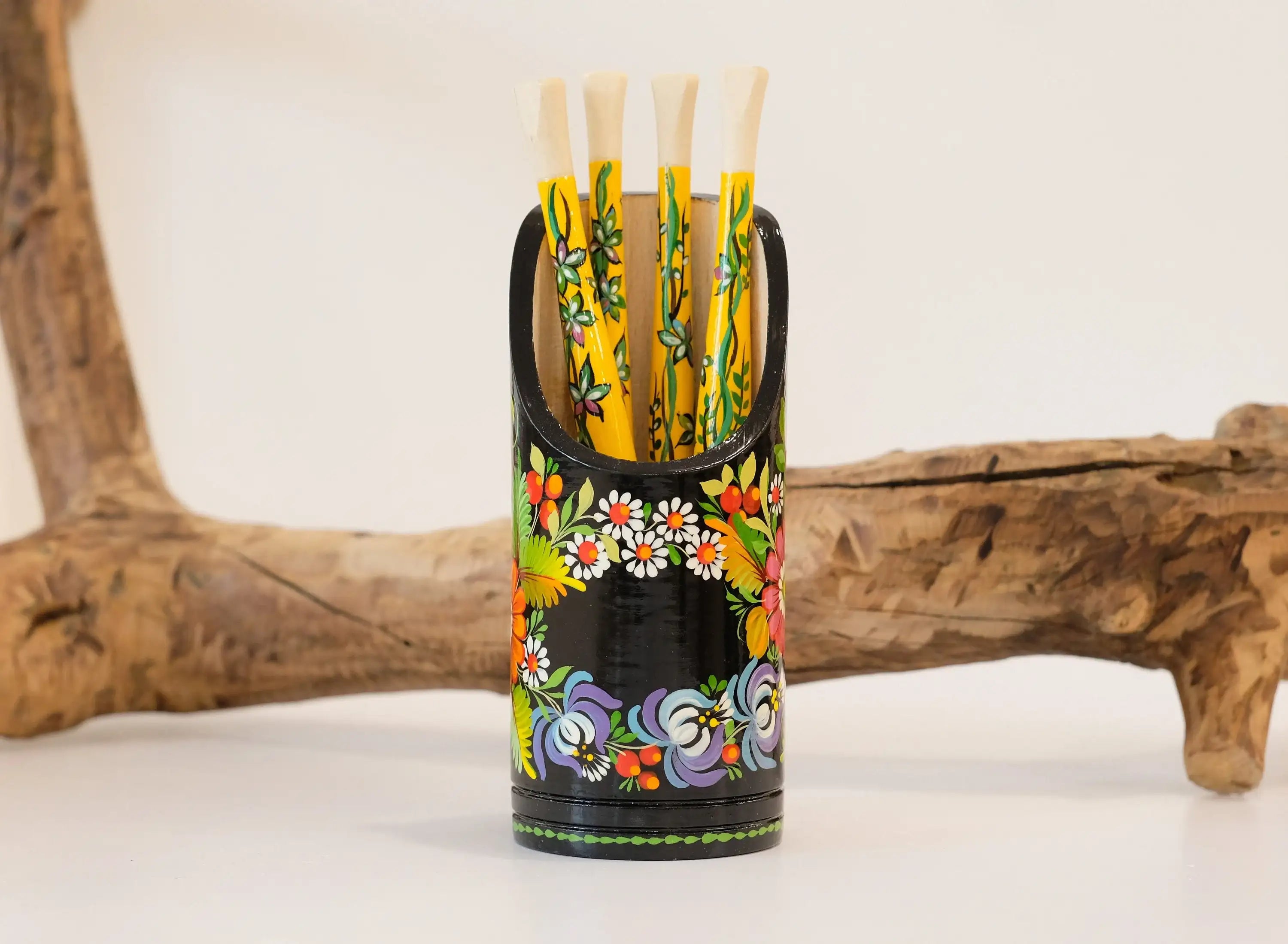 Personalized Wooden Painted Pencil Cup - Custom Pencil cup, Ukrainian Petrykivka Art Flower Pencil Holder