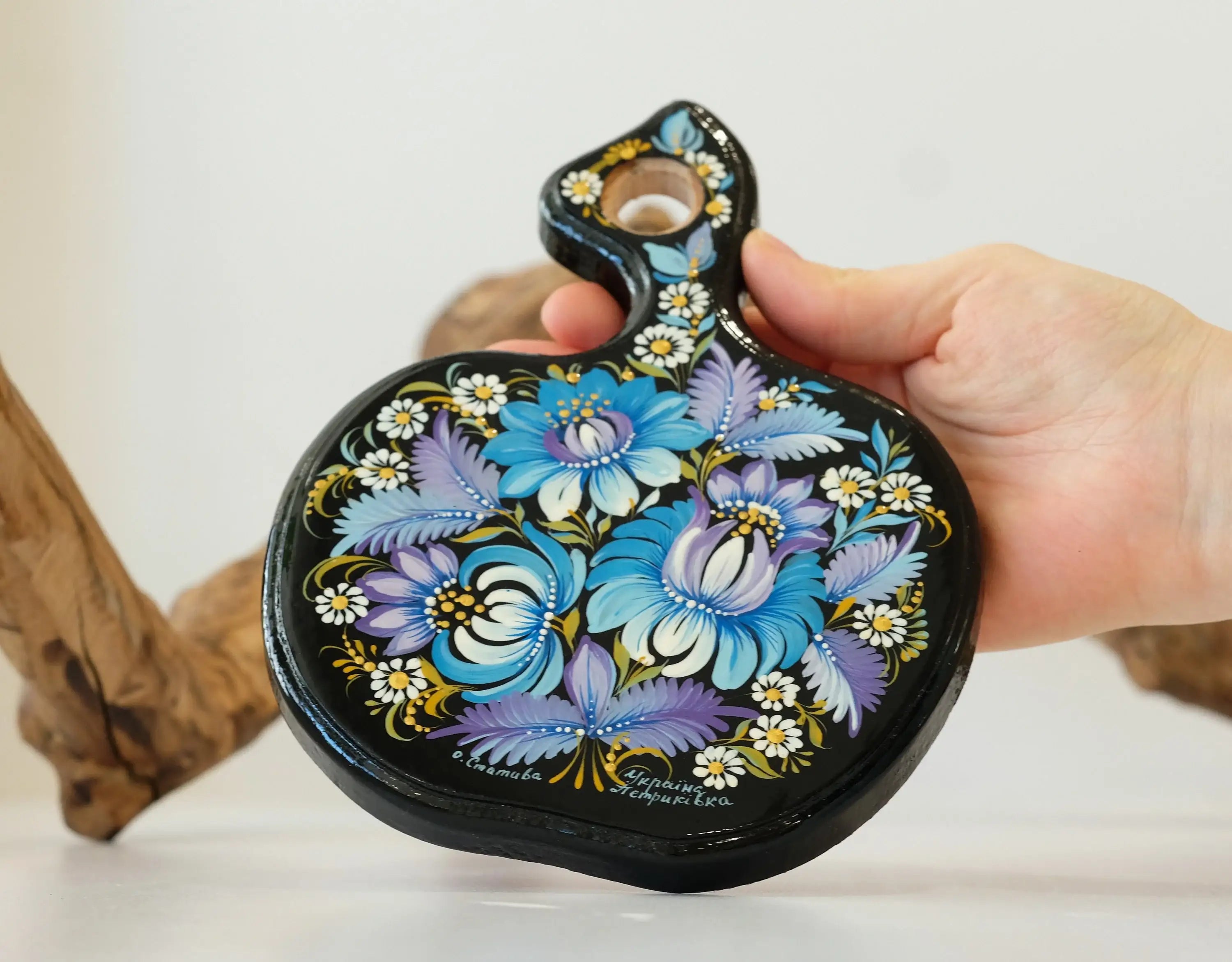 Mini Cutting Board Wooden - Functional Painted Chopping Board - Apple-shaped Blue Flower Kitchen Wall Decor, Petrykivka Art