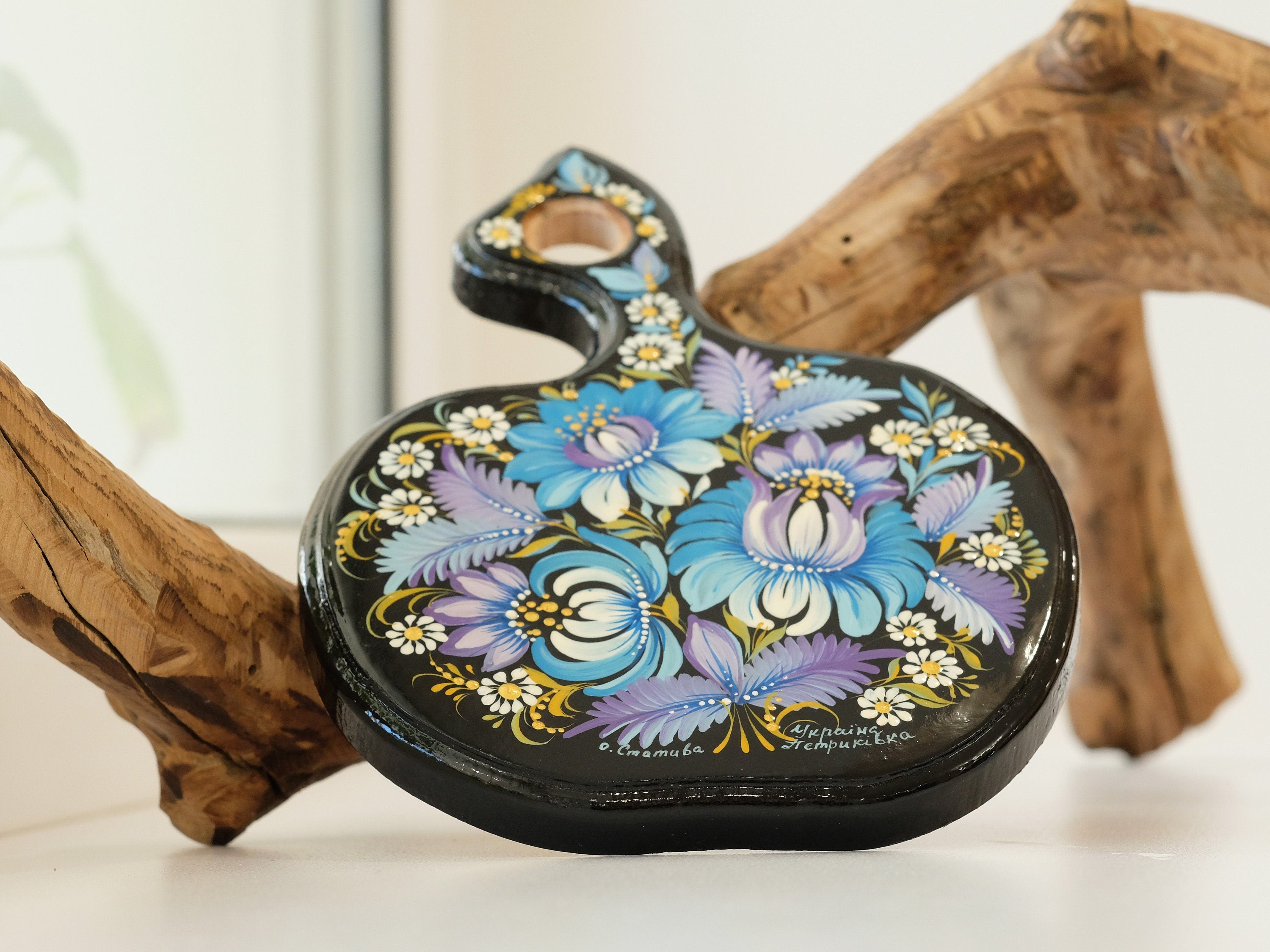 Mini Cutting Board Wooden - Functional Painted Chopping Board - Apple-shaped Blue Flower Kitchen Wall Decor, Petrykivka Art