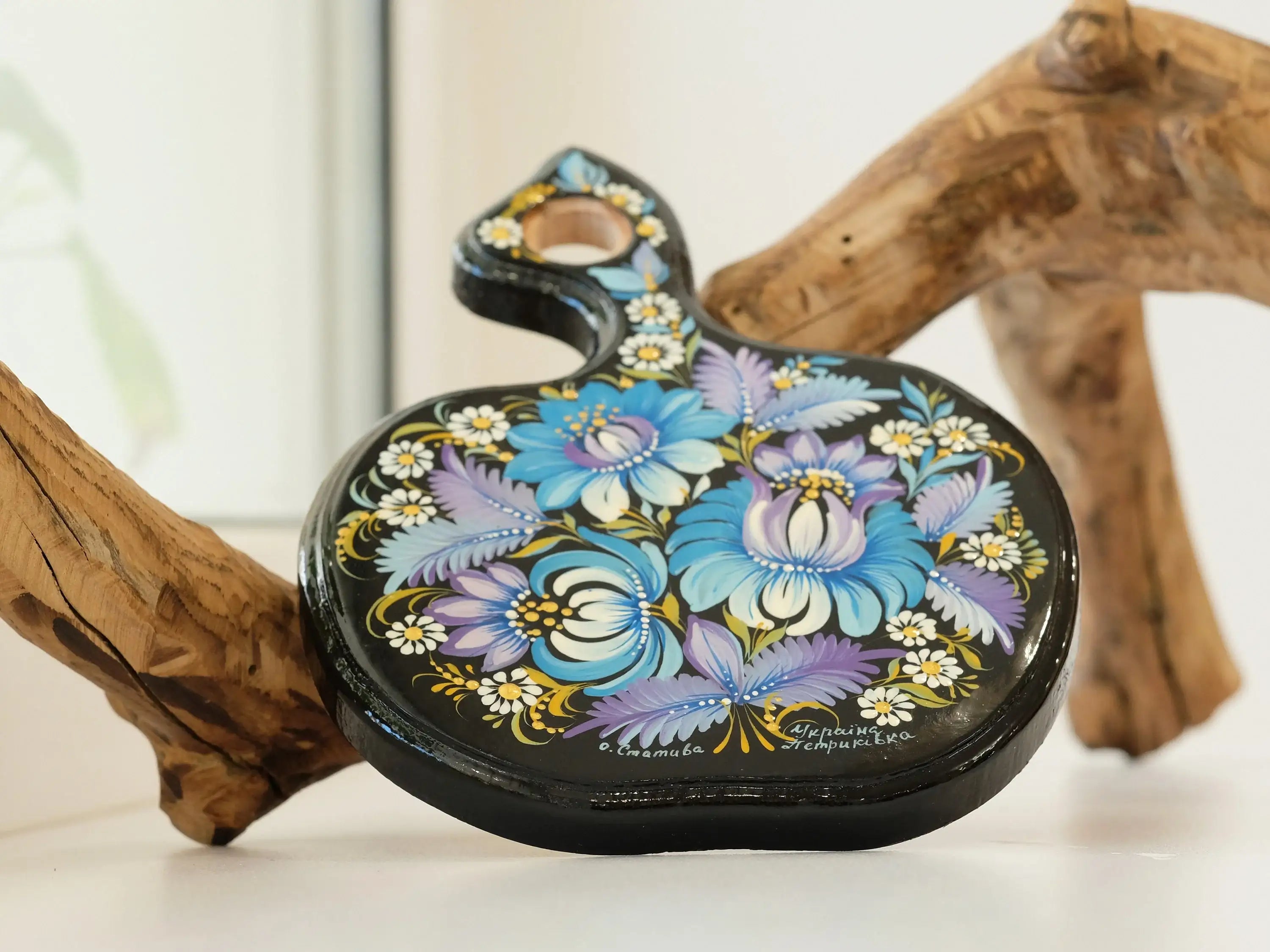 Mini Cutting Board Wooden - Functional Painted Chopping Board - Apple-shaped Blue Flower Kitchen Wall Decor, Petrykivka Art
