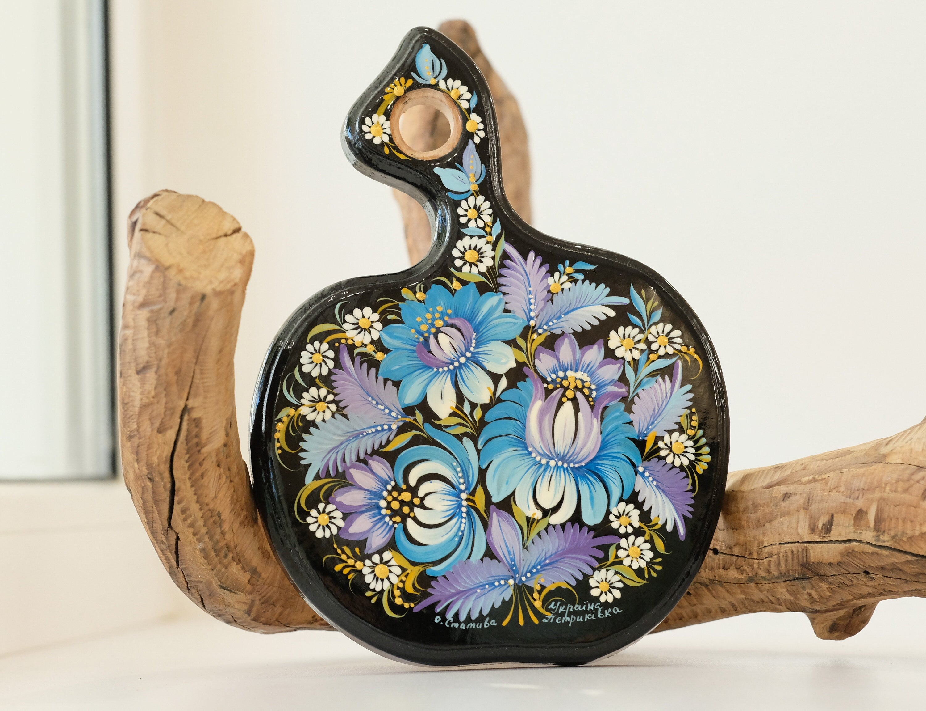 Mini Cutting Board Wooden - Functional Painted Chopping Board - Apple-shaped Blue Flower Kitchen Wall Decor, Petrykivka Art