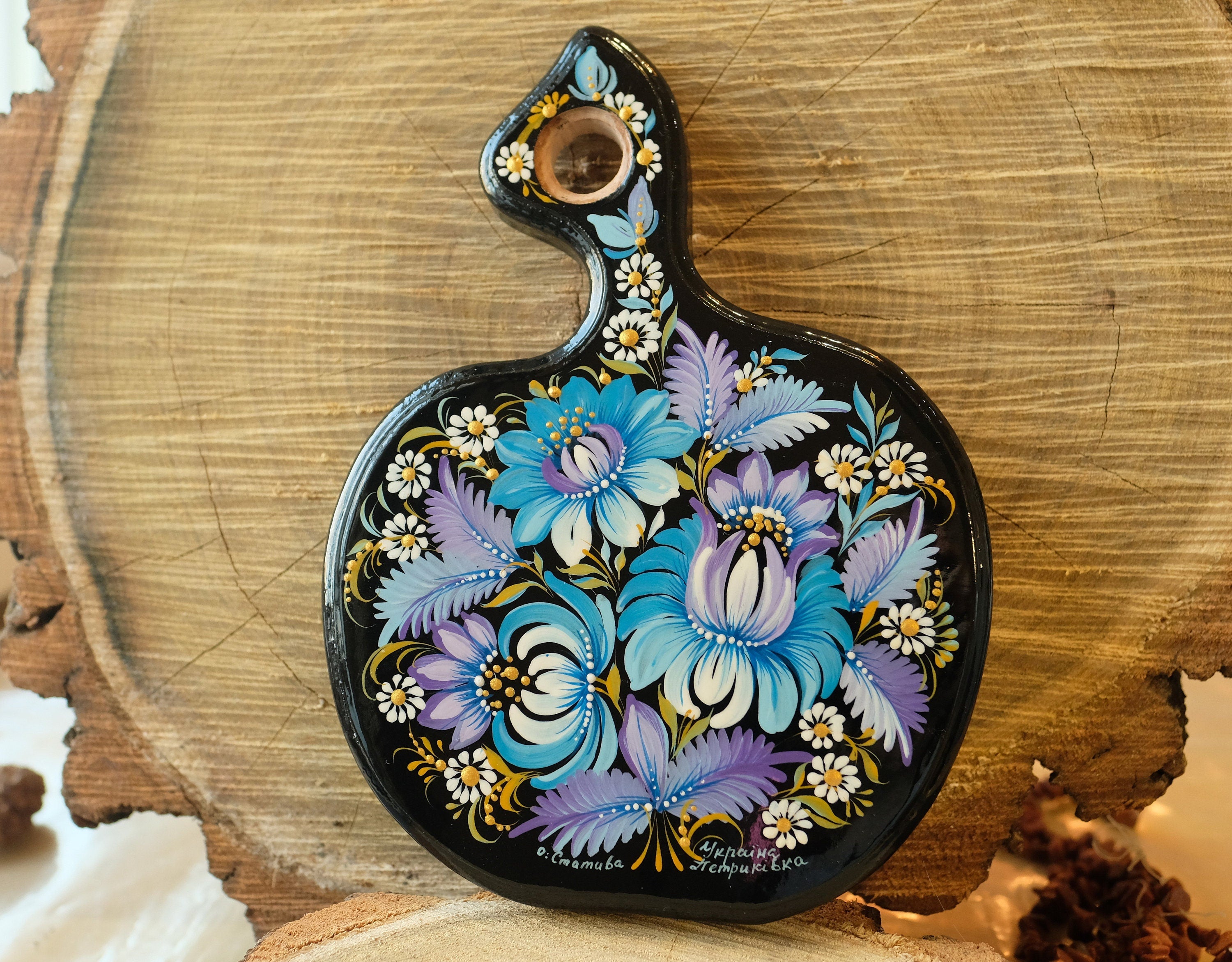 Mini Cutting Board Wooden - Functional Painted Chopping Board - Apple-shaped Blue Flower Kitchen Wall Decor, Petrykivka Art