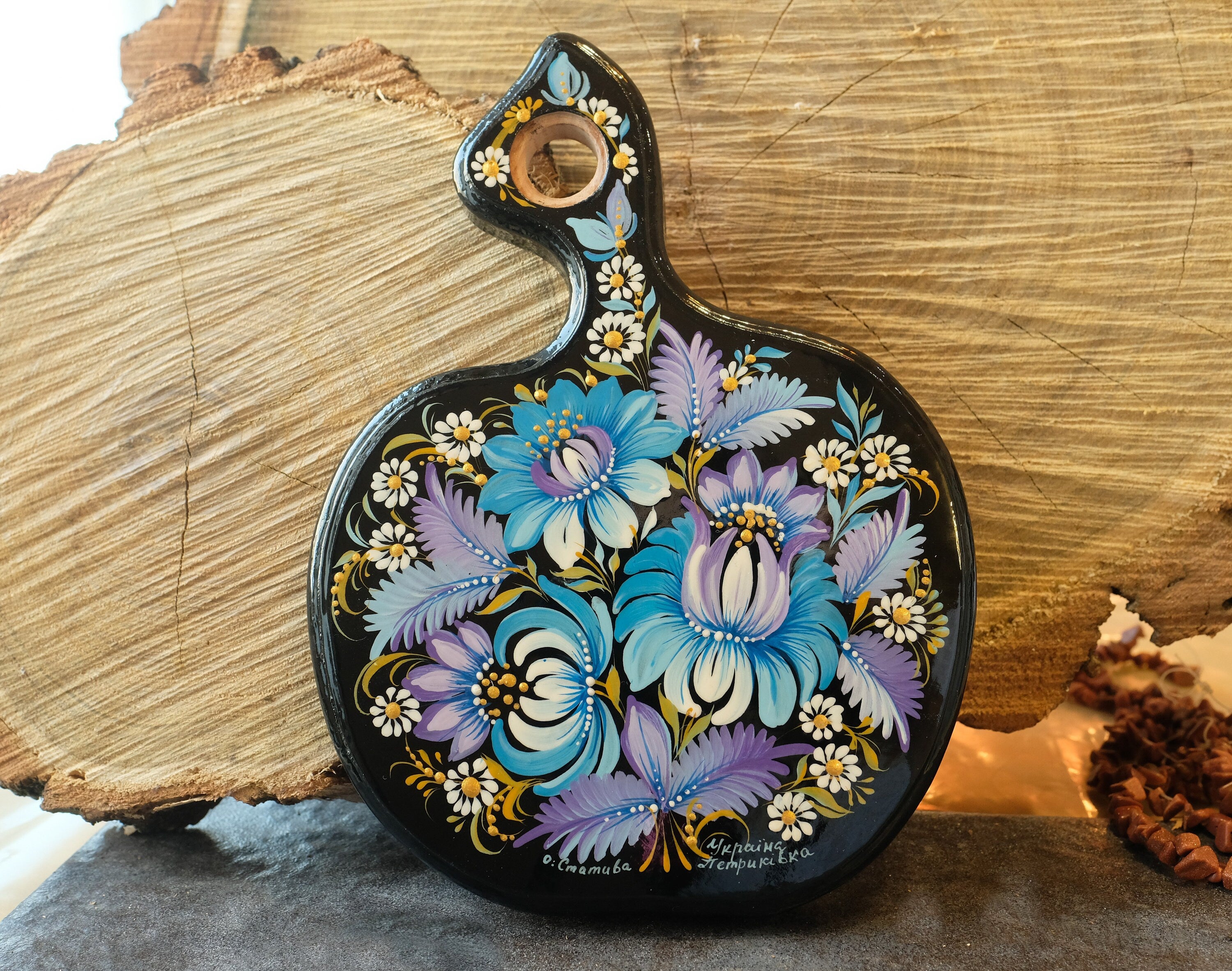 Mini Cutting Board Wooden - Functional Painted Chopping Board - Apple-shaped Blue Flower Kitchen Wall Decor, Petrykivka Art