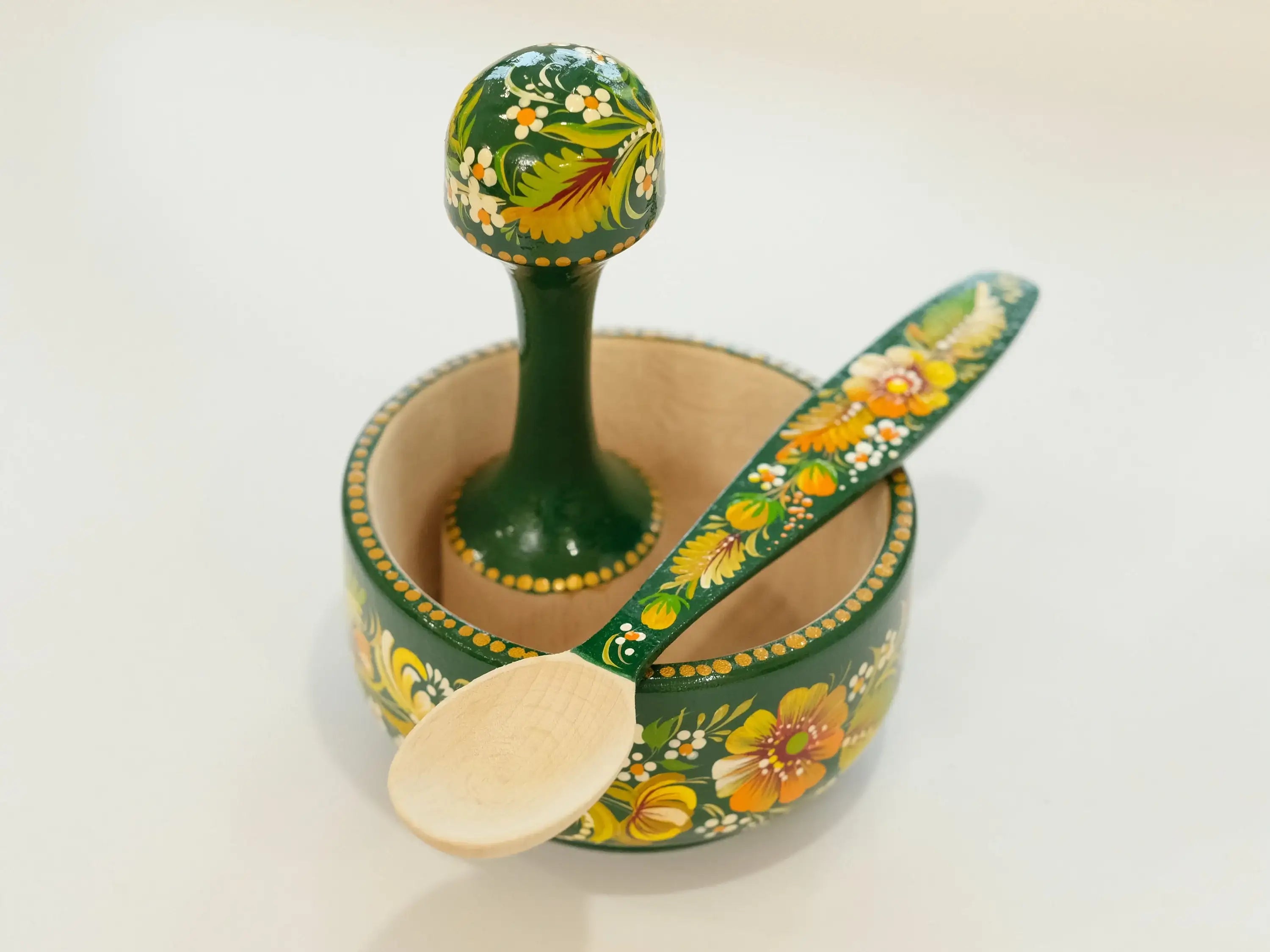 Wooden Mortar and Pestle Set - Artisanal Petrykivka Art Hand-painted Emerald Green Flower Crush Bowl