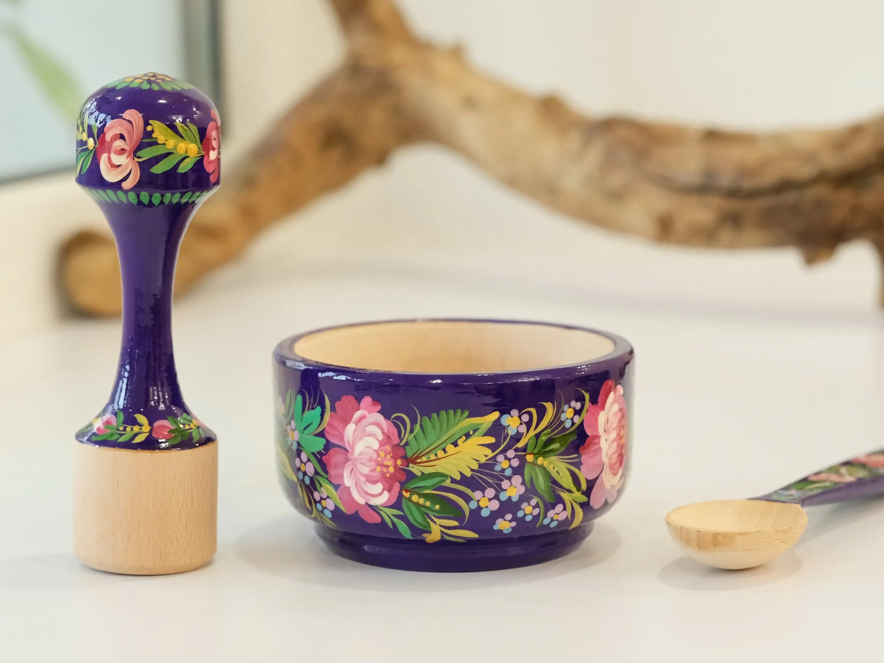 Wooden Mortar and Pestle Set - Artisanal Petrykivka Art Hand-painted Peony Crush Bowl, Purple and Pink Flower