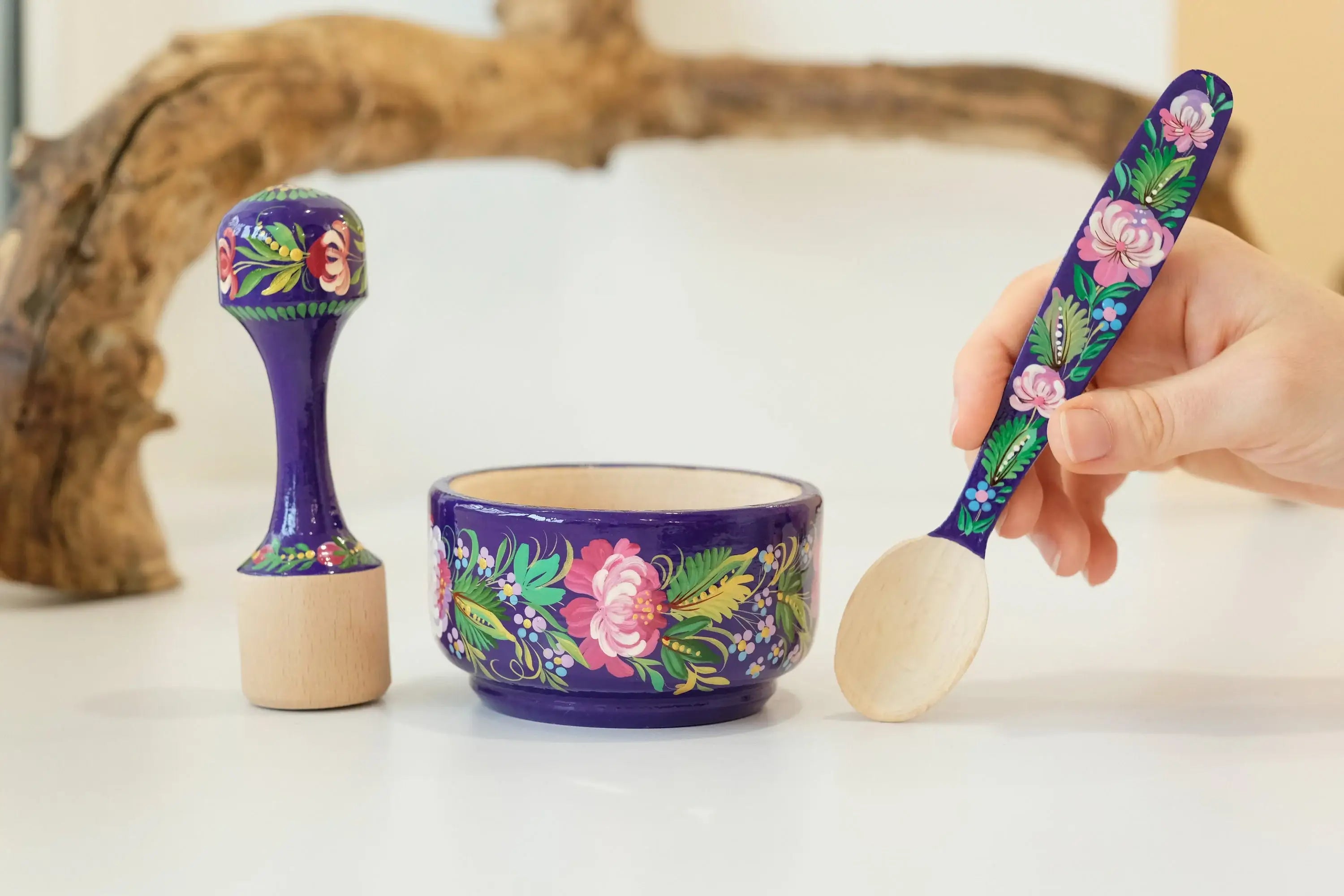 Wooden Mortar and Pestle Set - Artisanal Petrykivka Art Hand-painted Peony Crush Bowl, Purple and Pink Flower