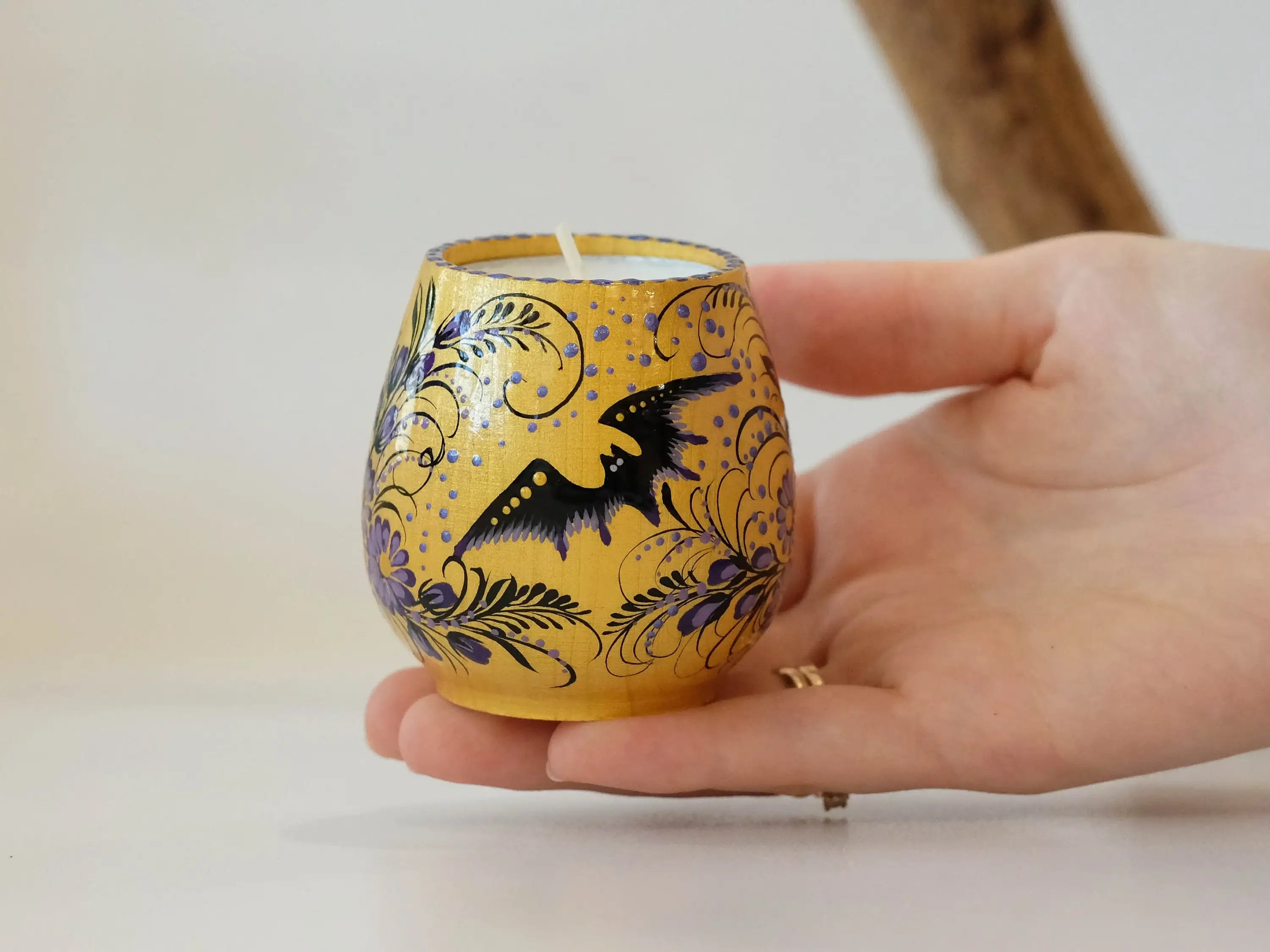 Painted Wooden Halloween Black Cat Candle Holder - Handmade Tea Light Holder Carved from Wood