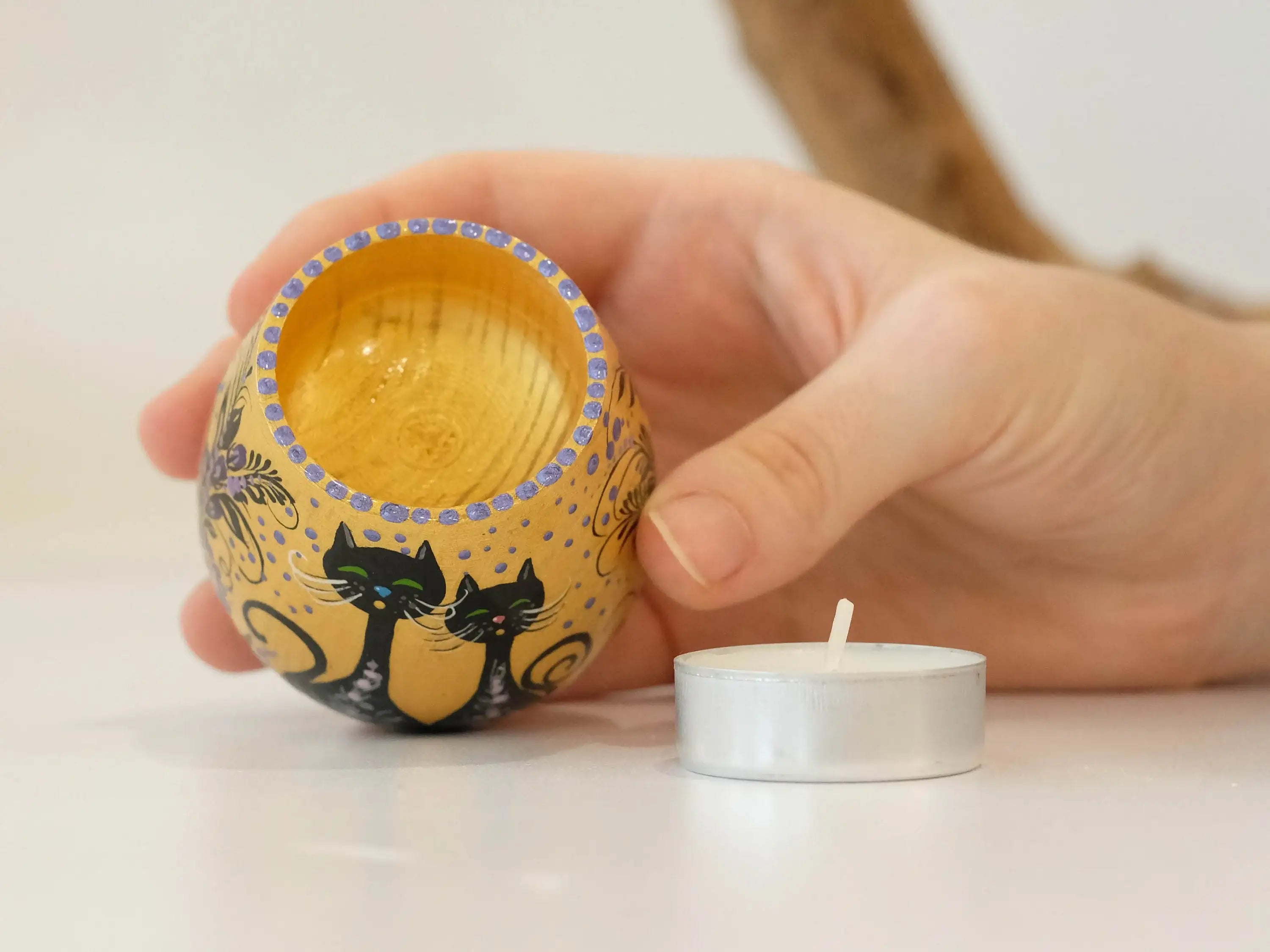 Painted Wooden Halloween Black Cat Candle Holder - Handmade Tea Light Holder Carved from Wood