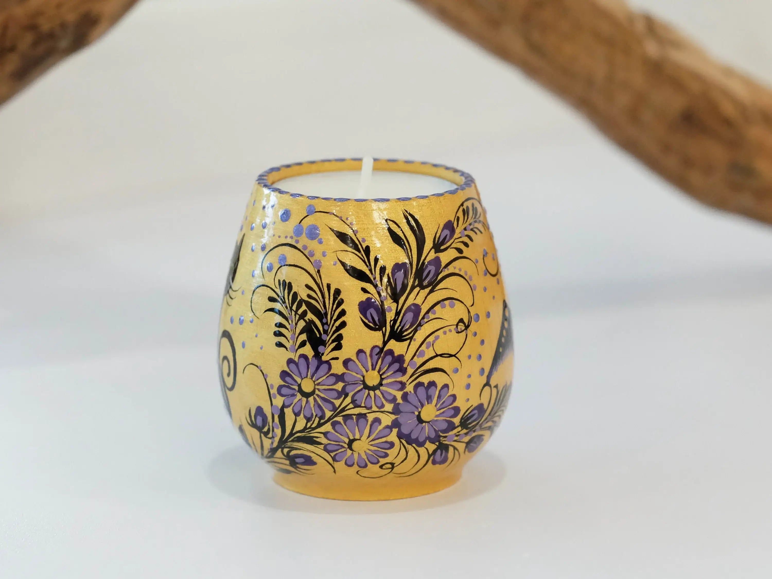 Painted Wooden Halloween Black Cat Candle Holder - Handmade Tea Light Holder Carved from Wood