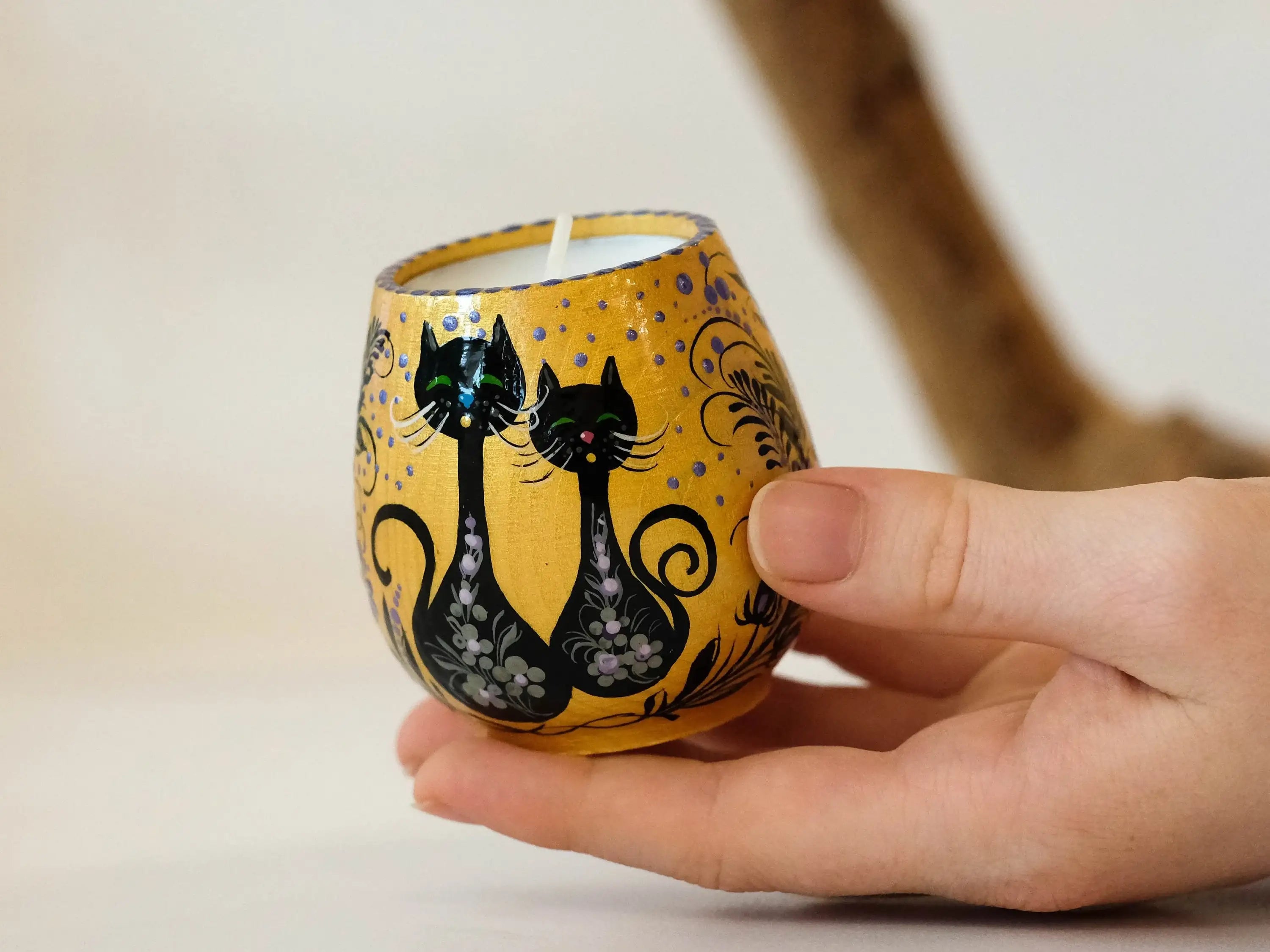 Painted Wooden Halloween Black Cat Candle Holder - Handmade Tea Light Holder Carved from Wood