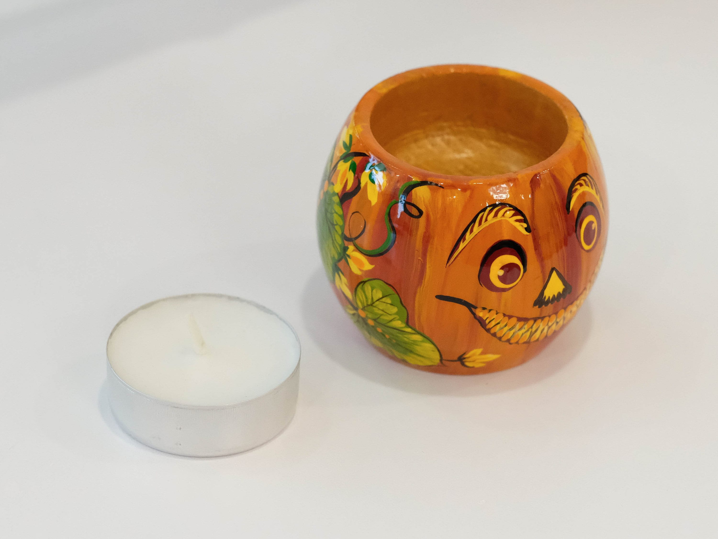 Pumpkin candle holder, Halloween tea light holder, Jack o'lantern candle holder, Orange flower candle holder, Unigue painted tea light decor