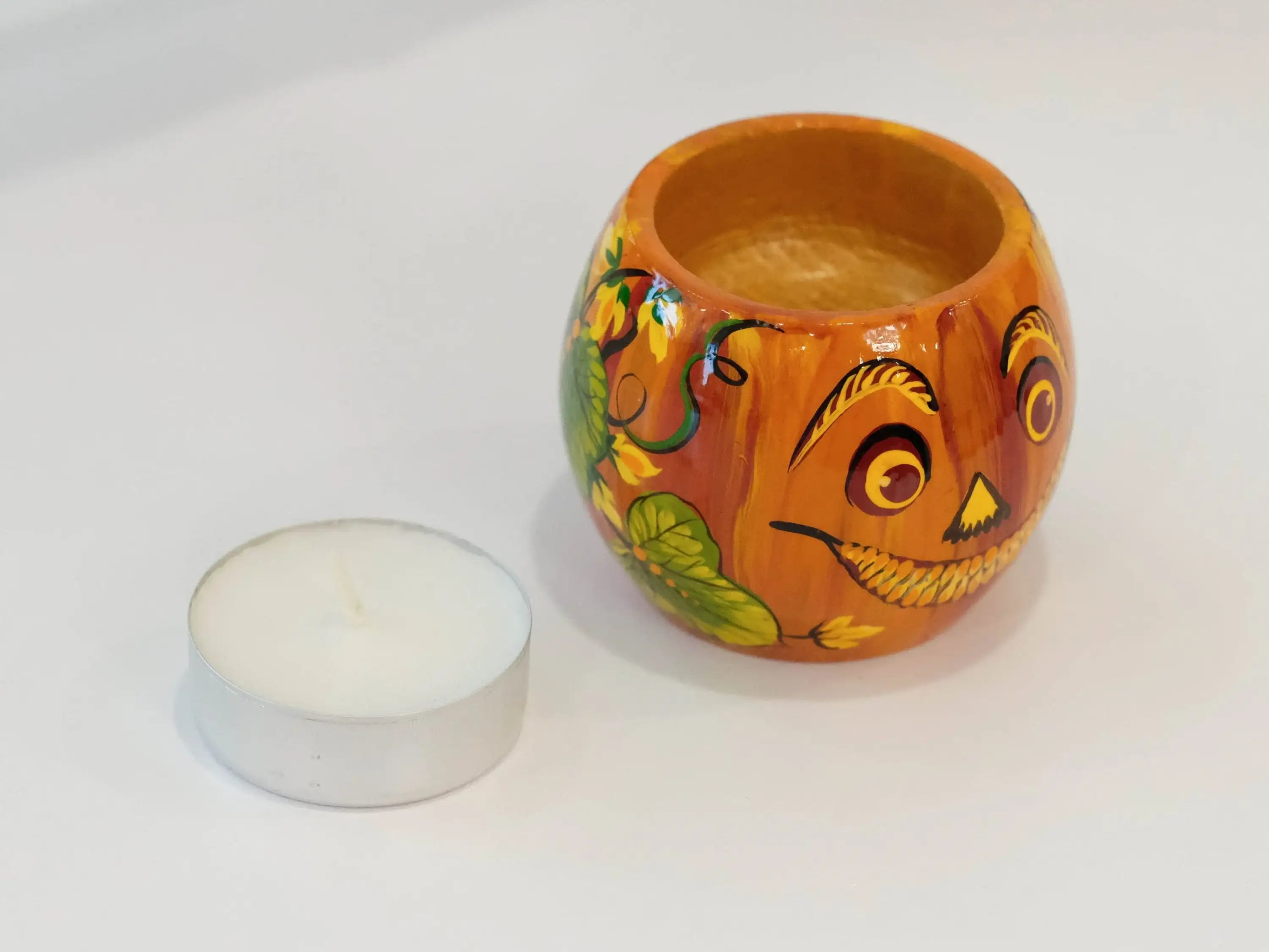 Pumpkin candle holder, Halloween tea light holder, Jack o'lantern candle holder, Orange flower candle holder, Unigue painted tea light decor