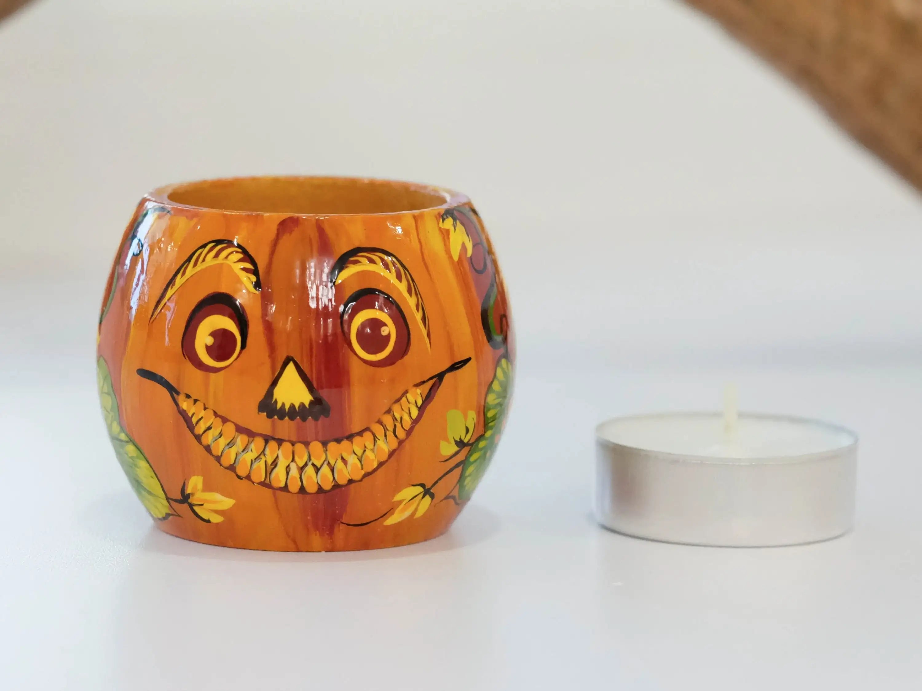 Pumpkin candle holder, Halloween tea light holder, Jack o'lantern candle holder, Orange flower candle holder, Unigue painted tea light decor