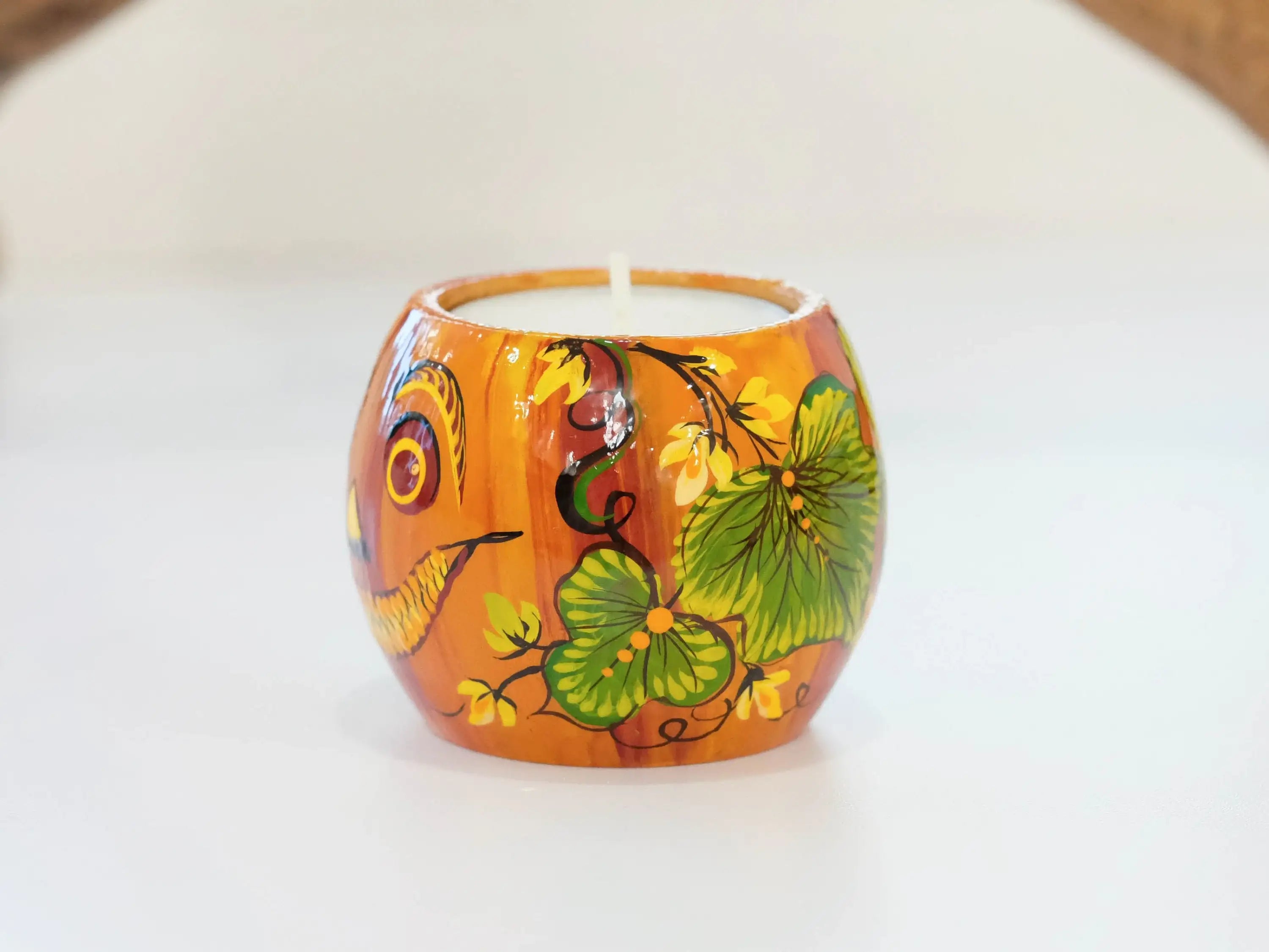 Pumpkin candle holder, Halloween tea light holder, Jack o'lantern candle holder, Orange flower candle holder, Unigue painted tea light decor