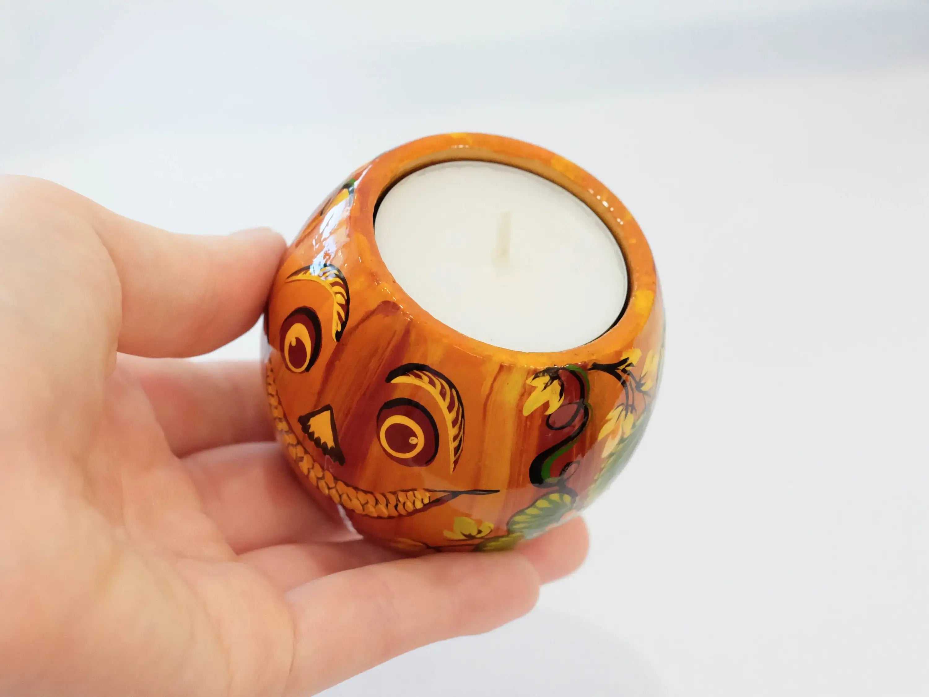 Pumpkin candle holder, Halloween tea light holder, Jack o'lantern candle holder, Orange flower candle holder, Unigue painted tea light decor