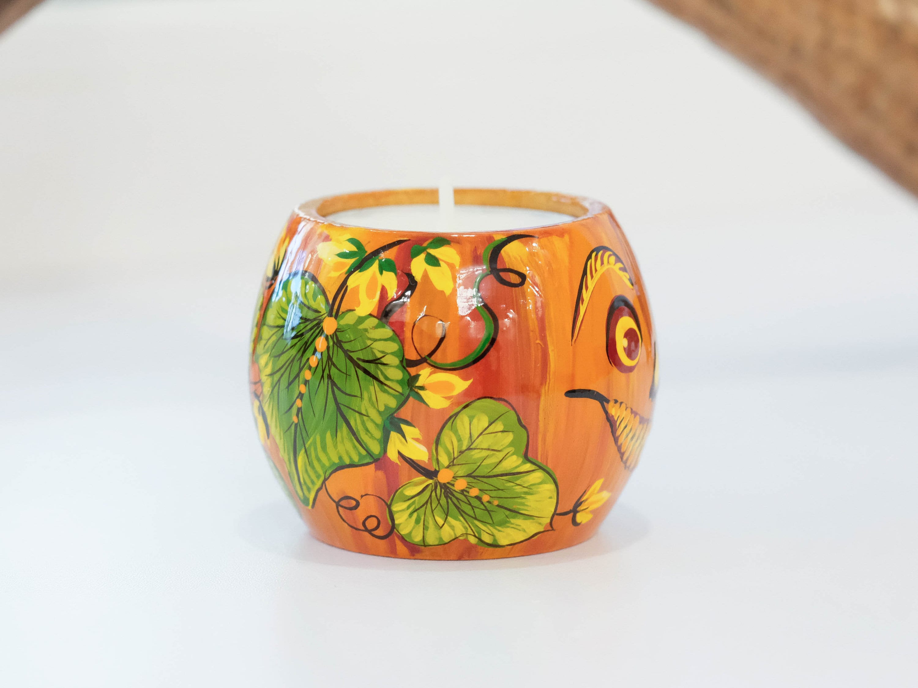 Pumpkin candle holder, Halloween tea light holder, Jack o'lantern candle holder, Orange flower candle holder, Unigue painted tea light decor
