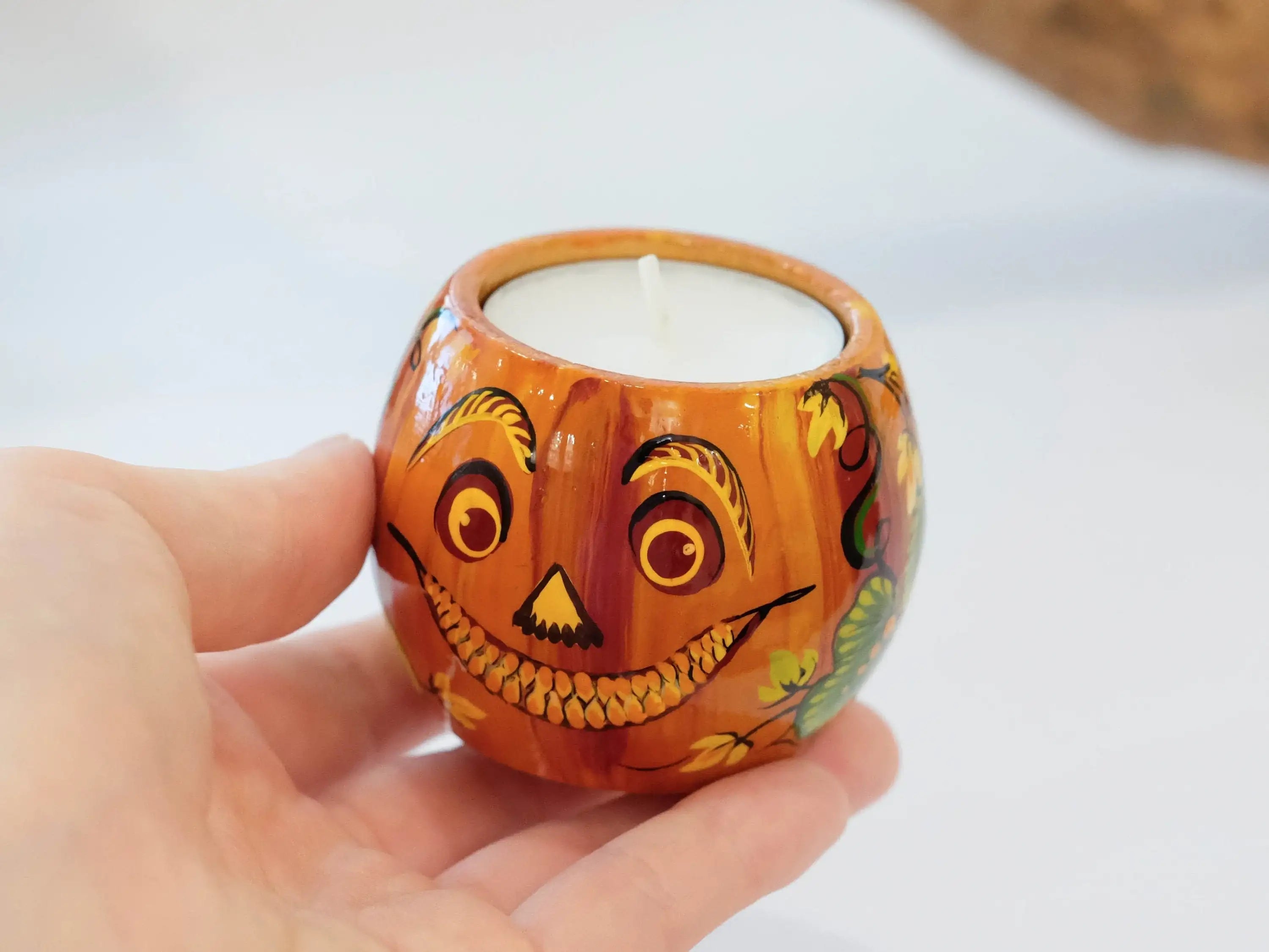 Pumpkin candle holder, Halloween tea light holder, Jack o'lantern candle holder, Orange flower candle holder, Unigue painted tea light decor