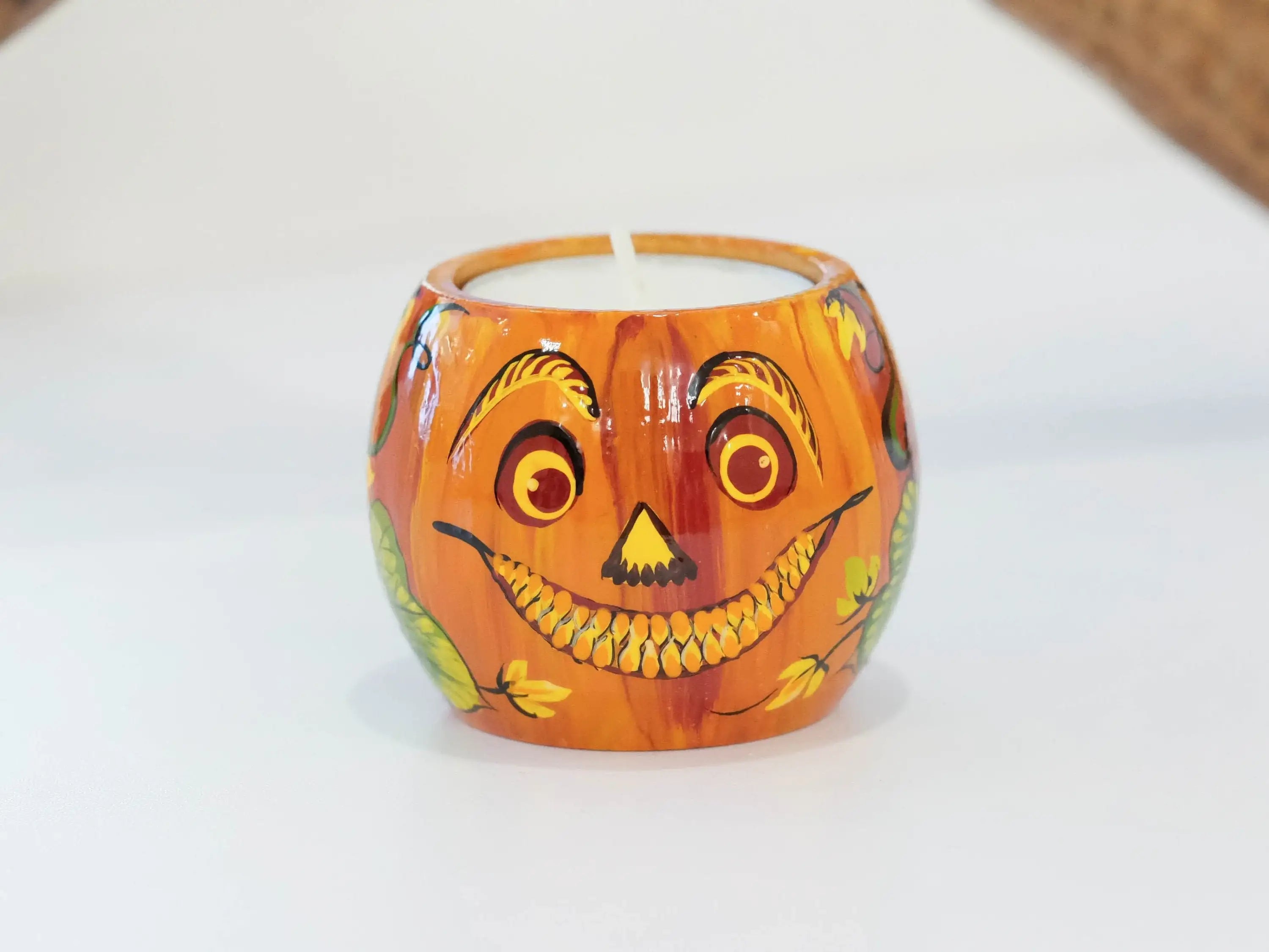 Pumpkin candle holder, Halloween tea light holder, Jack o'lantern candle holder, Orange flower candle holder, Unigue painted tea light decor