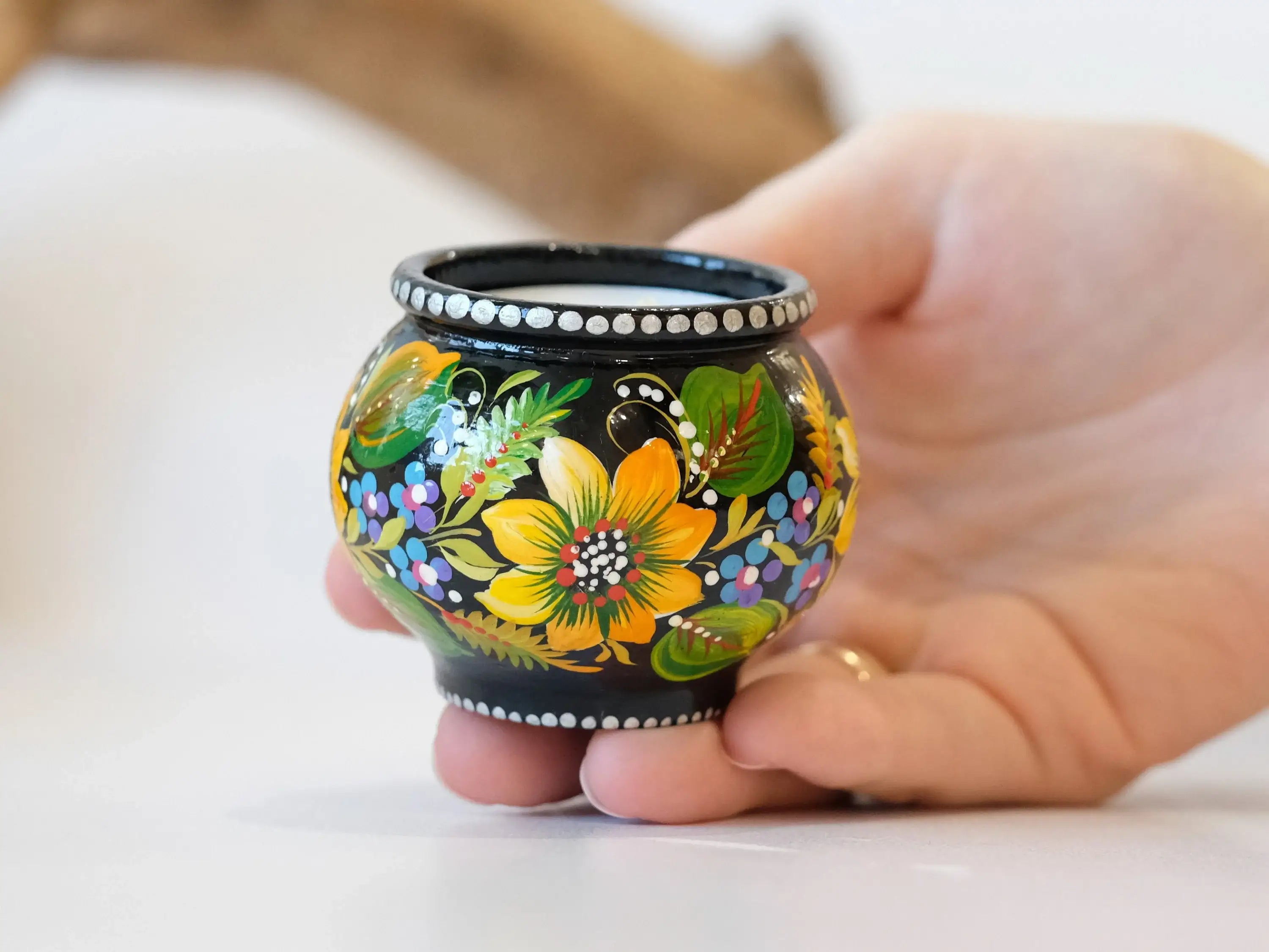 Painted Wooden Sunflower Candle Holder - Handmade Petrykivka Art Flower Tea Light Holder