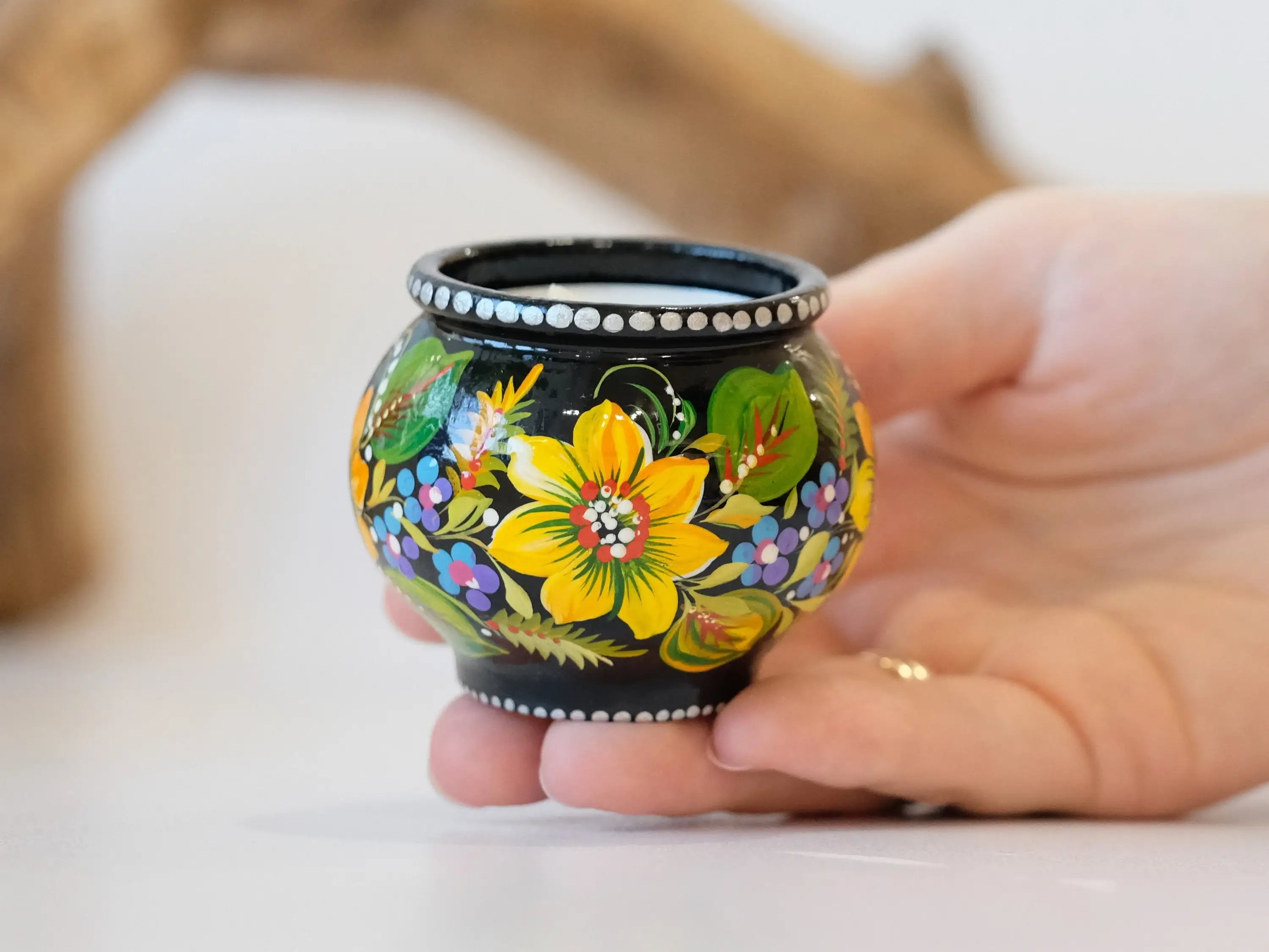 Painted Wooden Sunflower Candle Holder - Handmade Petrykivka Art Flower Tea Light Holder