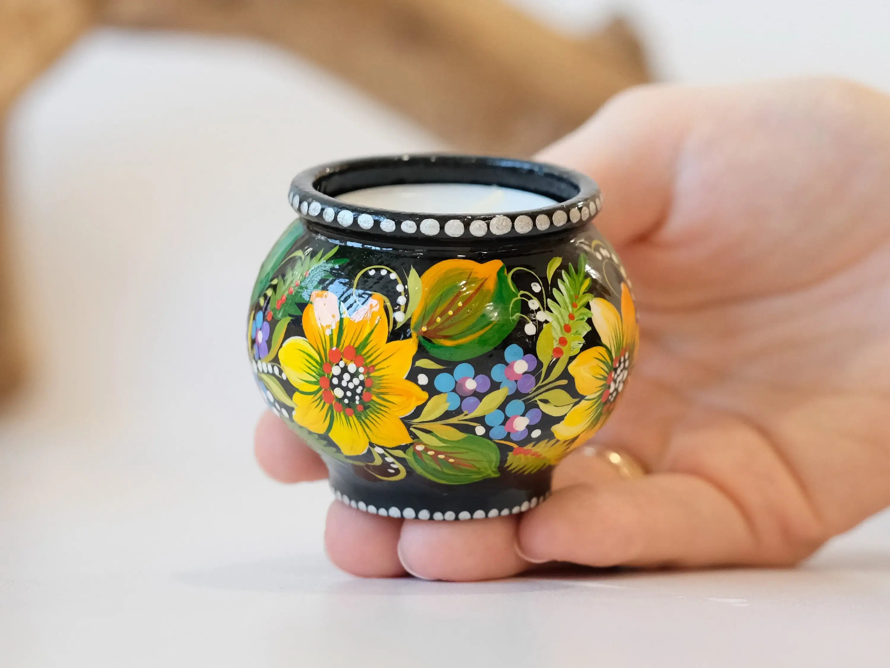 Painted Wooden Sunflower Candle Holder - Handmade Petrykivka Art Flower Tea Light Holder