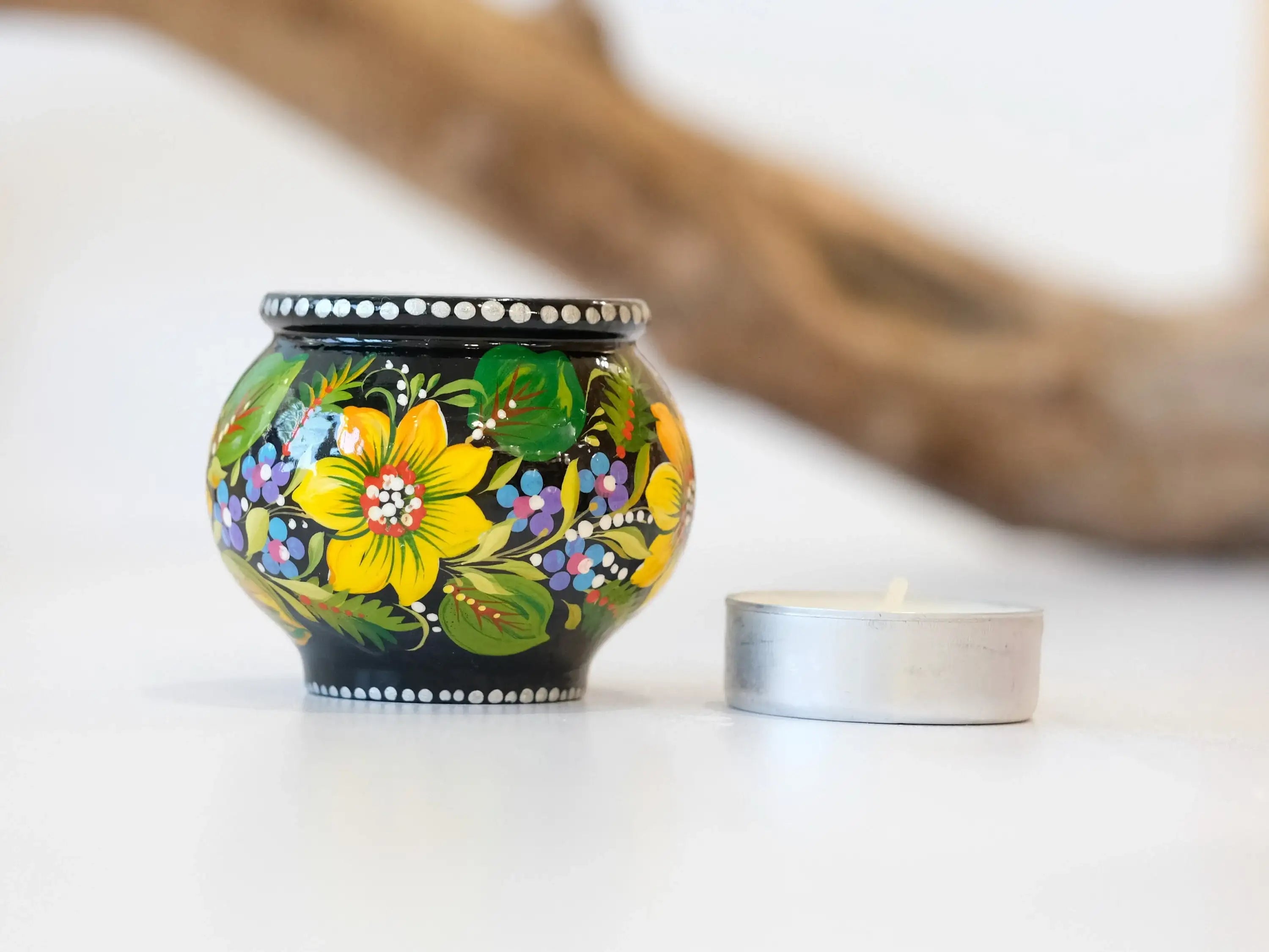 Painted Wooden Sunflower Candle Holder - Handmade Petrykivka Art Flower Tea Light Holder