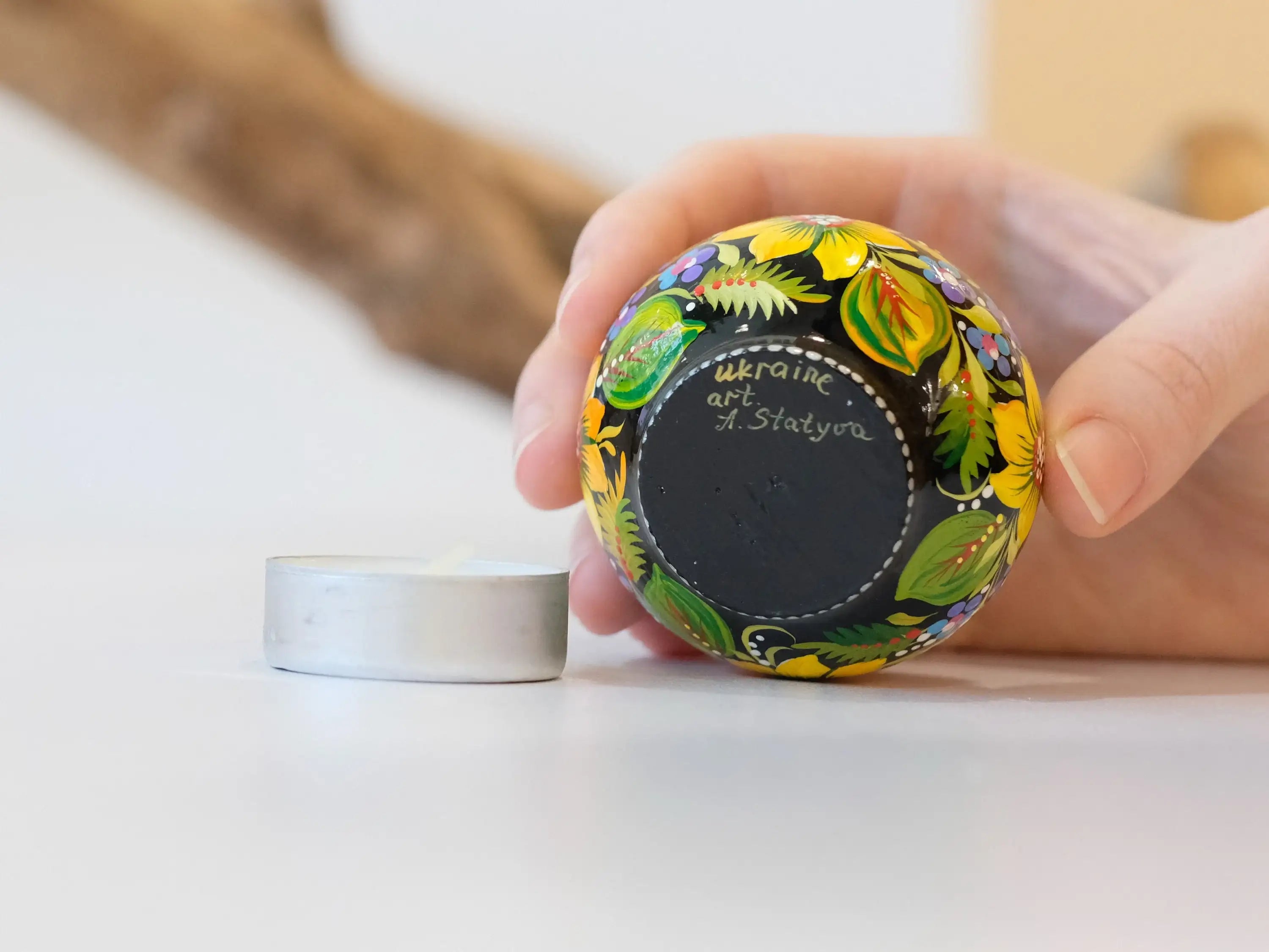 Painted Wooden Sunflower Candle Holder - Handmade Petrykivka Art Flower Tea Light Holder