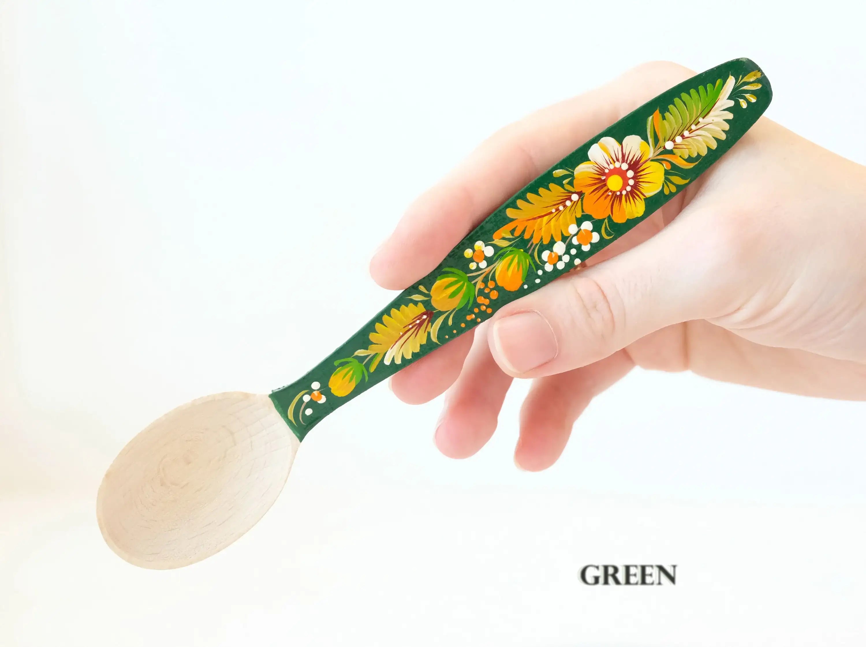 Small Wooden Spoon Hand-painted with Petrykivka Art for dessert / salt / sugar