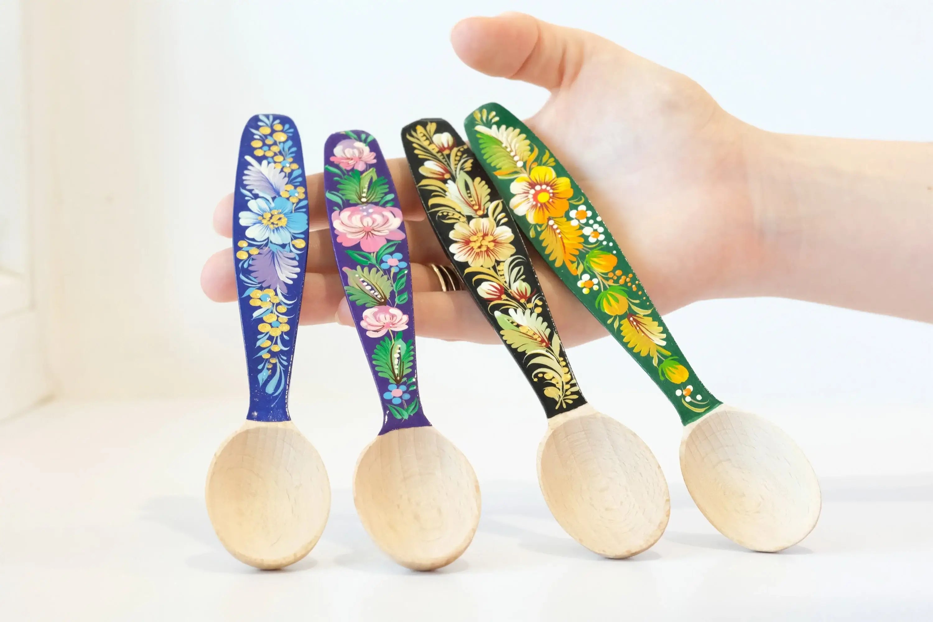 Small Wooden Spoon Hand-painted with Petrykivka Art for dessert / salt / sugar