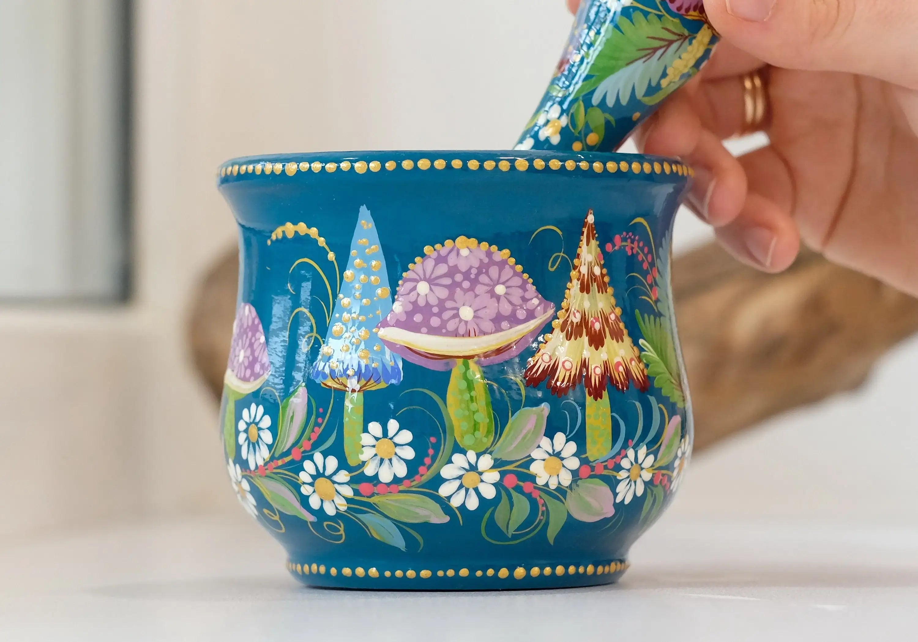 Wooden Mushroom Mortar and Pestle Set - Hand-Painted Artisanal Turquoise Grinding Bowl Crush Bowl