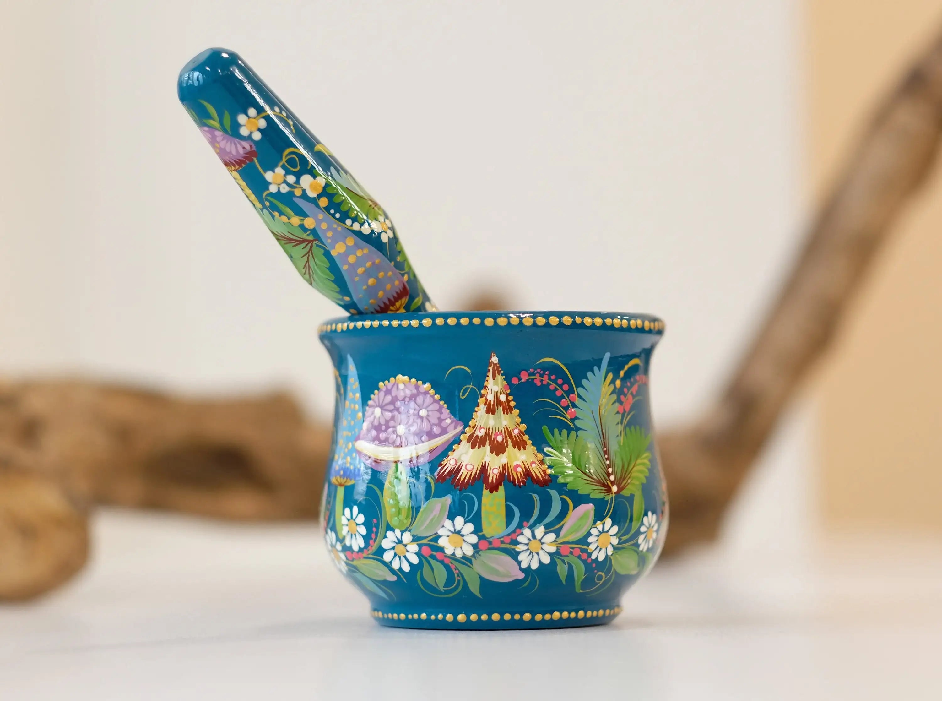 Wooden Mushroom Mortar and Pestle Set - Hand-Painted Artisanal Turquoise Grinding Bowl Crush Bowl