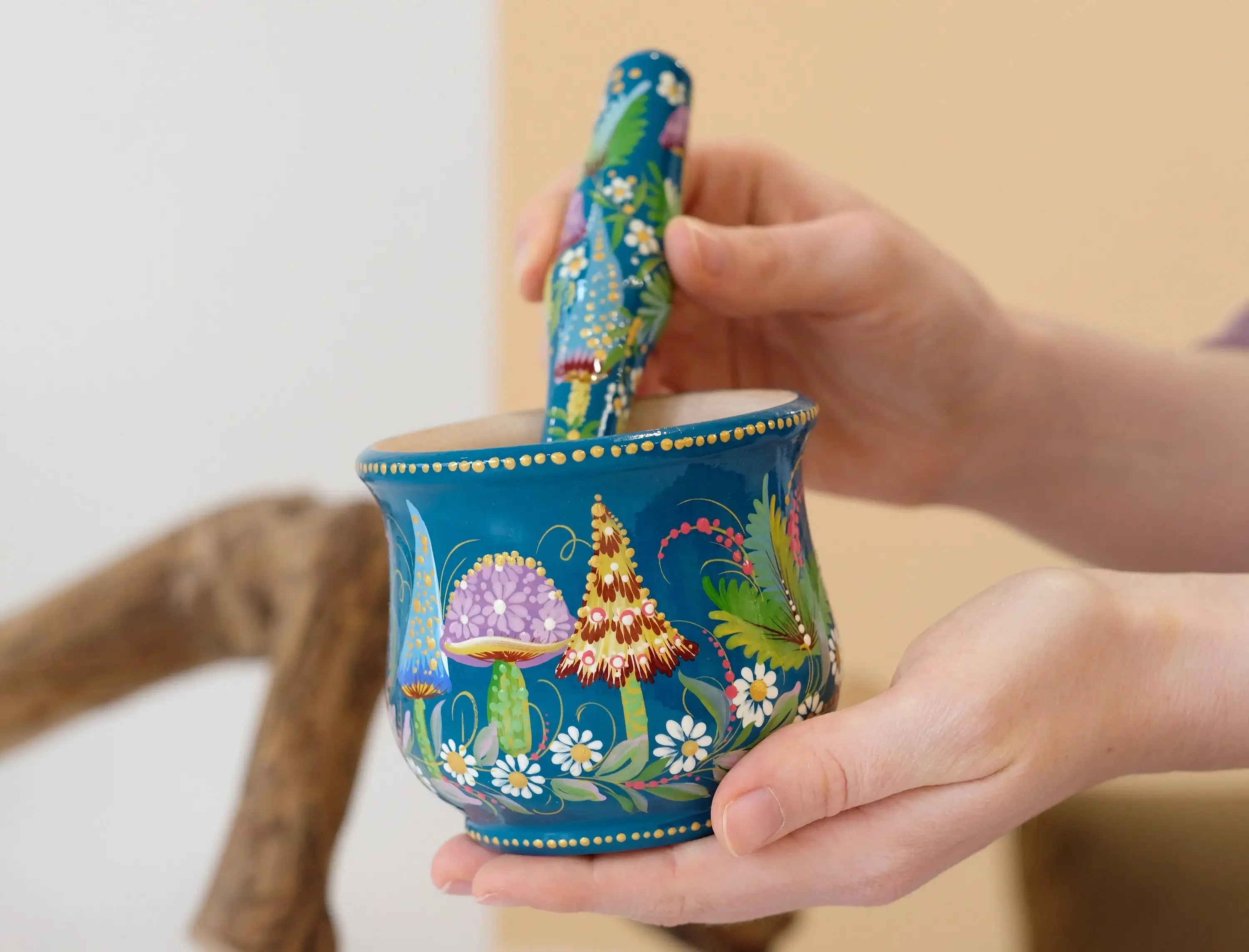 Wooden Mushroom Mortar and Pestle Set - Hand-Painted Artisanal Turquoise Grinding Bowl Crush Bowl