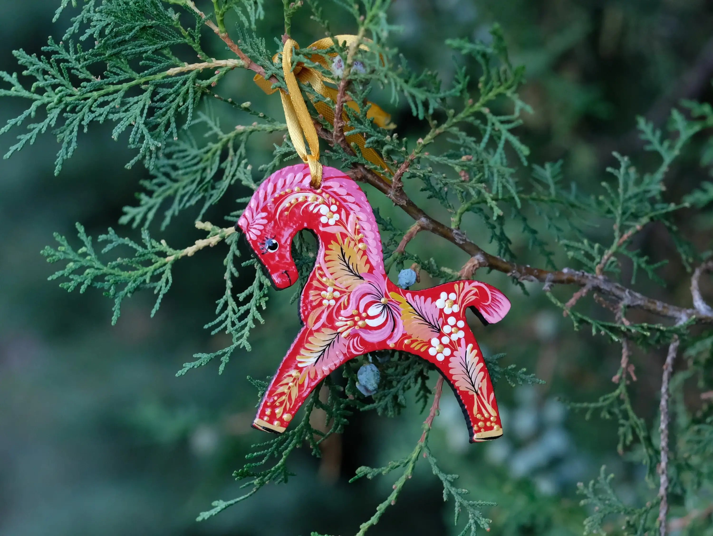 Red Horse Christmas Ornament Painted on Wood