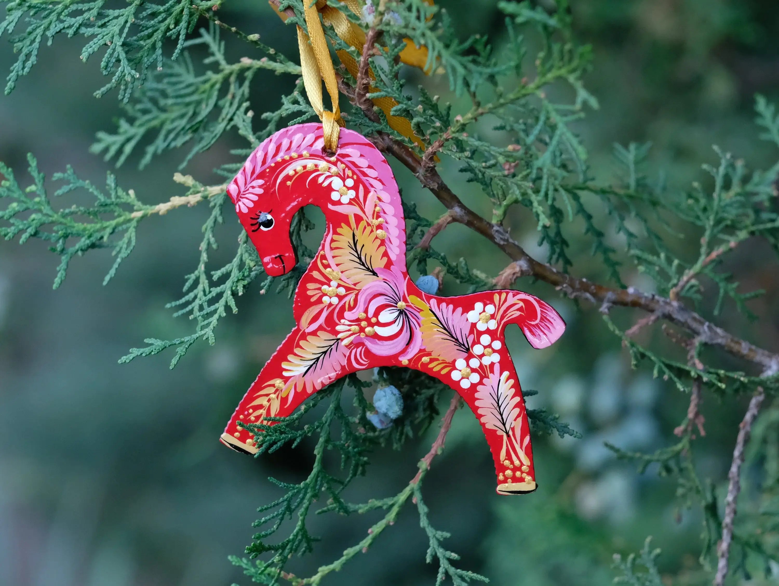 Red Horse Christmas Ornament Painted on Wood
