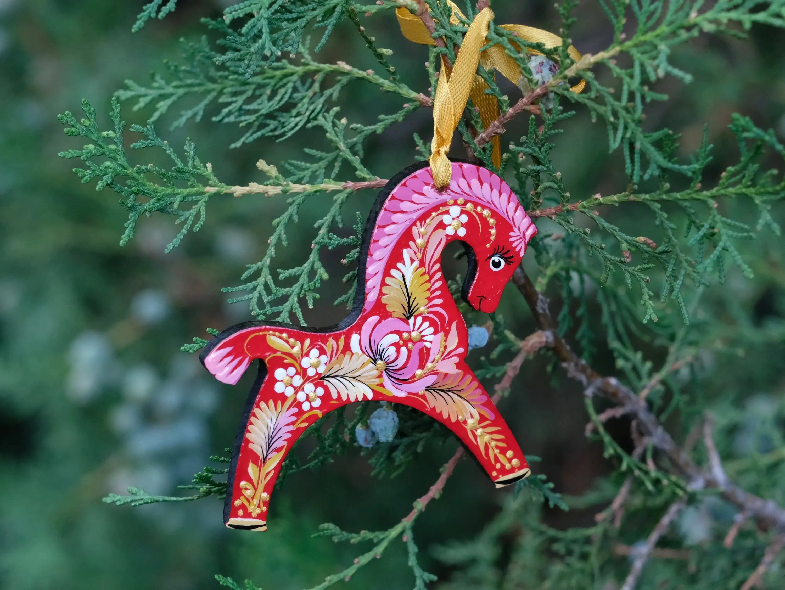 Red Horse Christmas Ornament Painted on Wood
