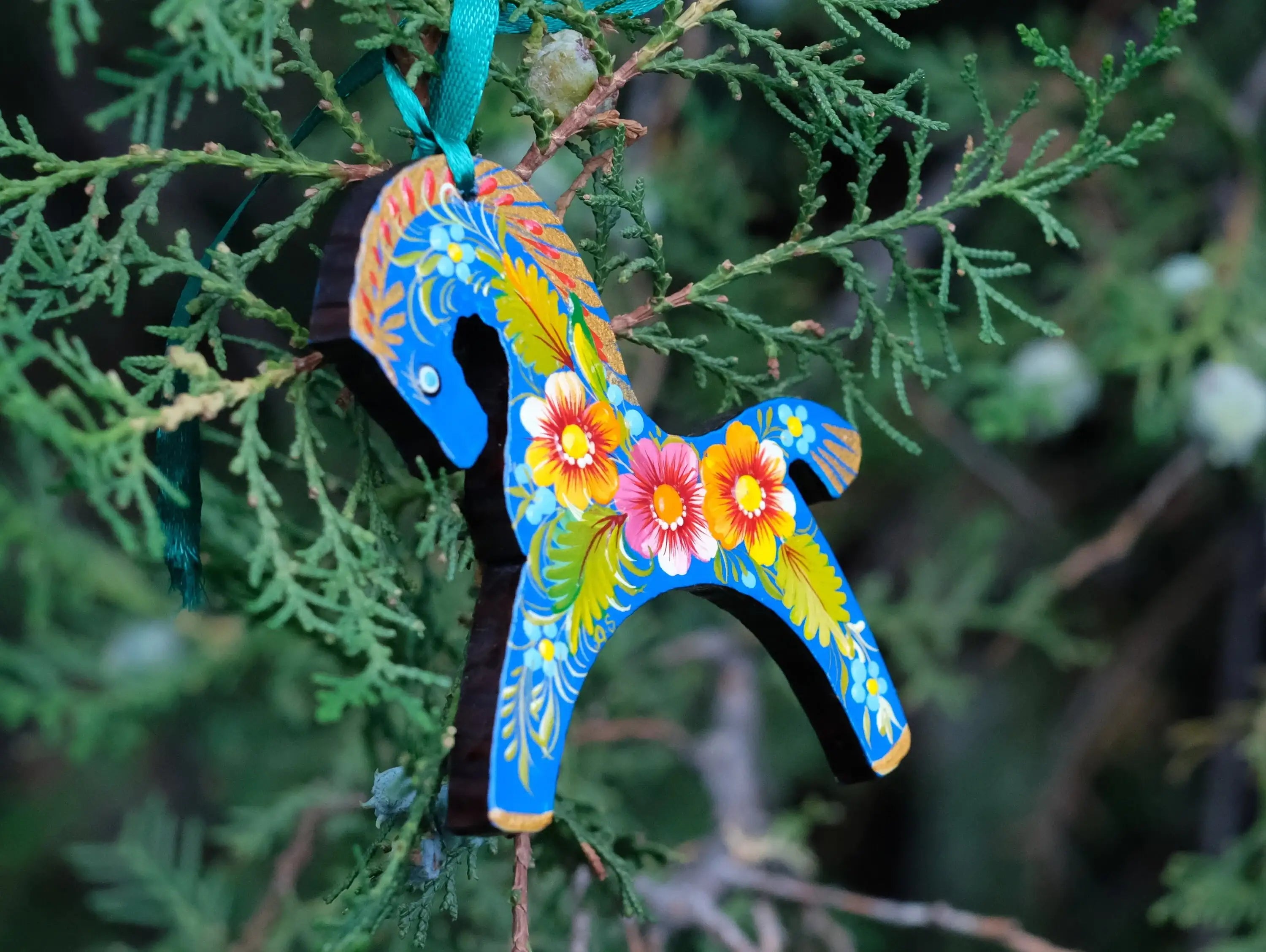 Blue Horse Easter Ornament Painted on Wood