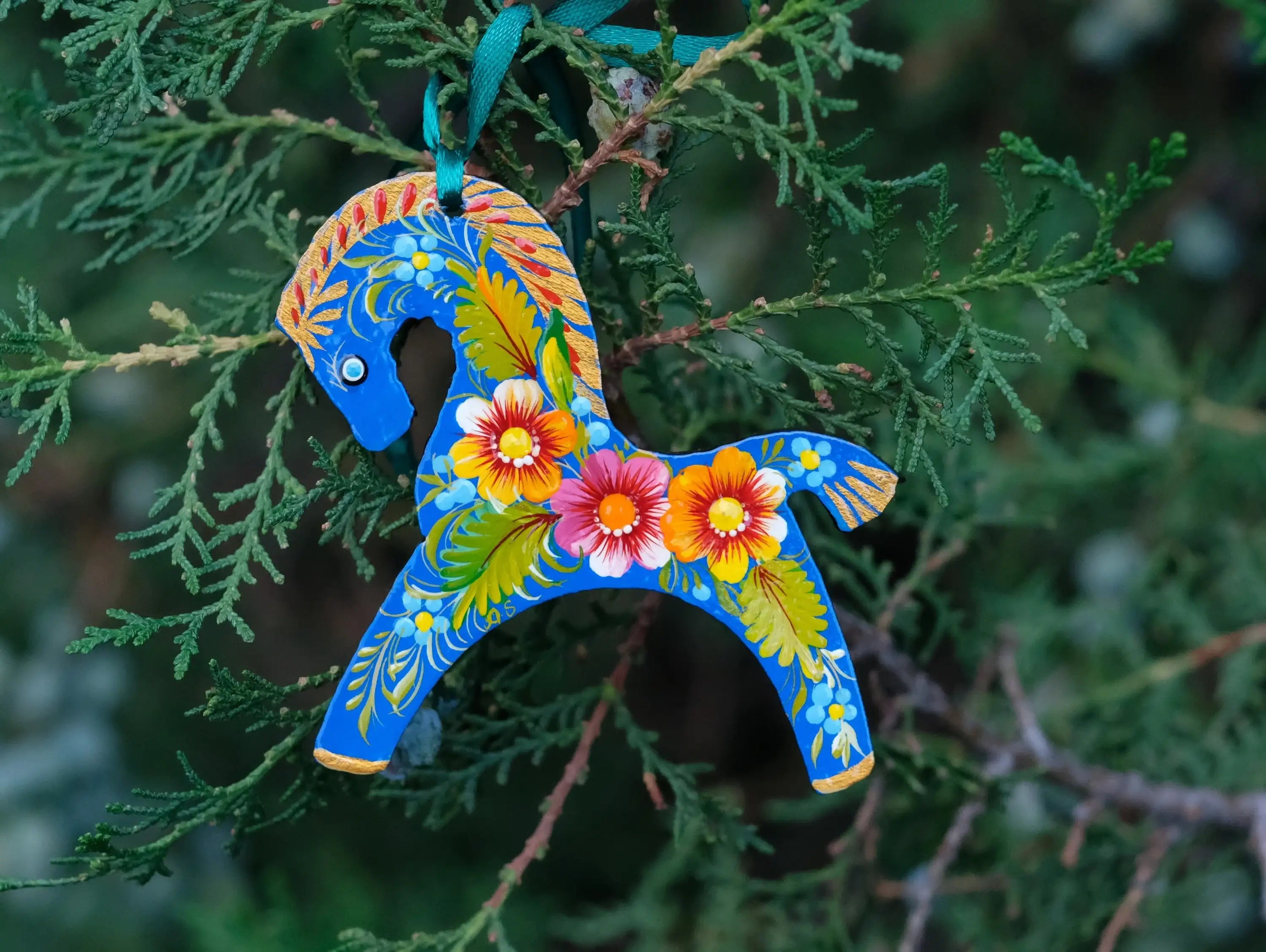 Blue Horse Easter Ornament Painted on Wood