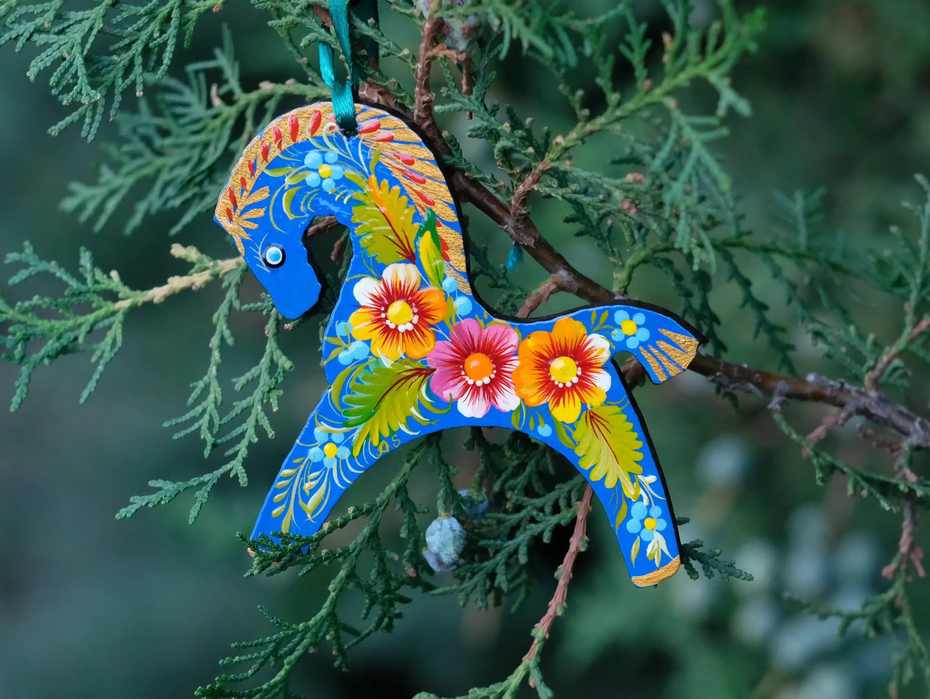 Blue Horse Easter Ornament Painted on Wood