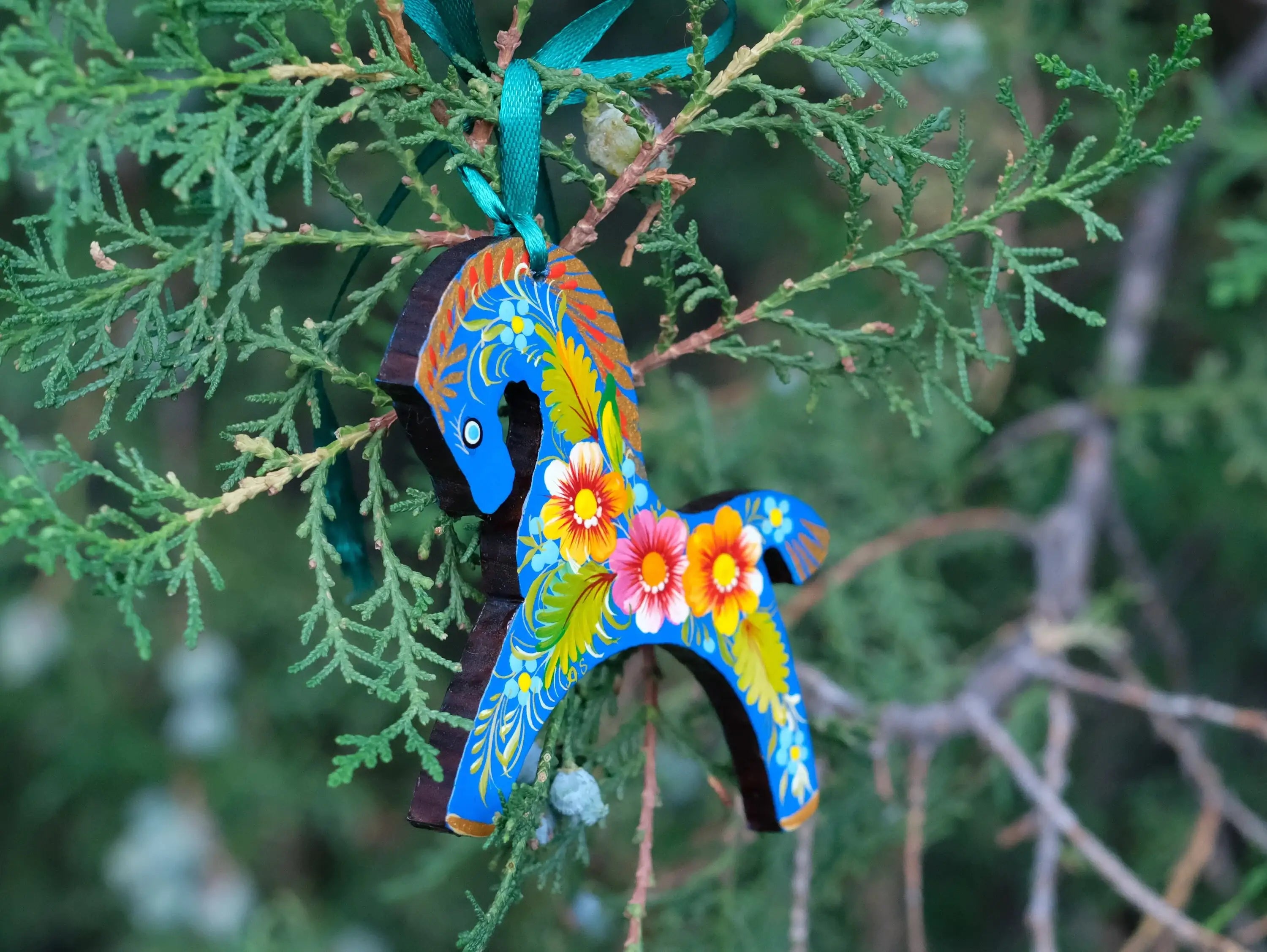 Blue Horse Easter Ornament Painted on Wood