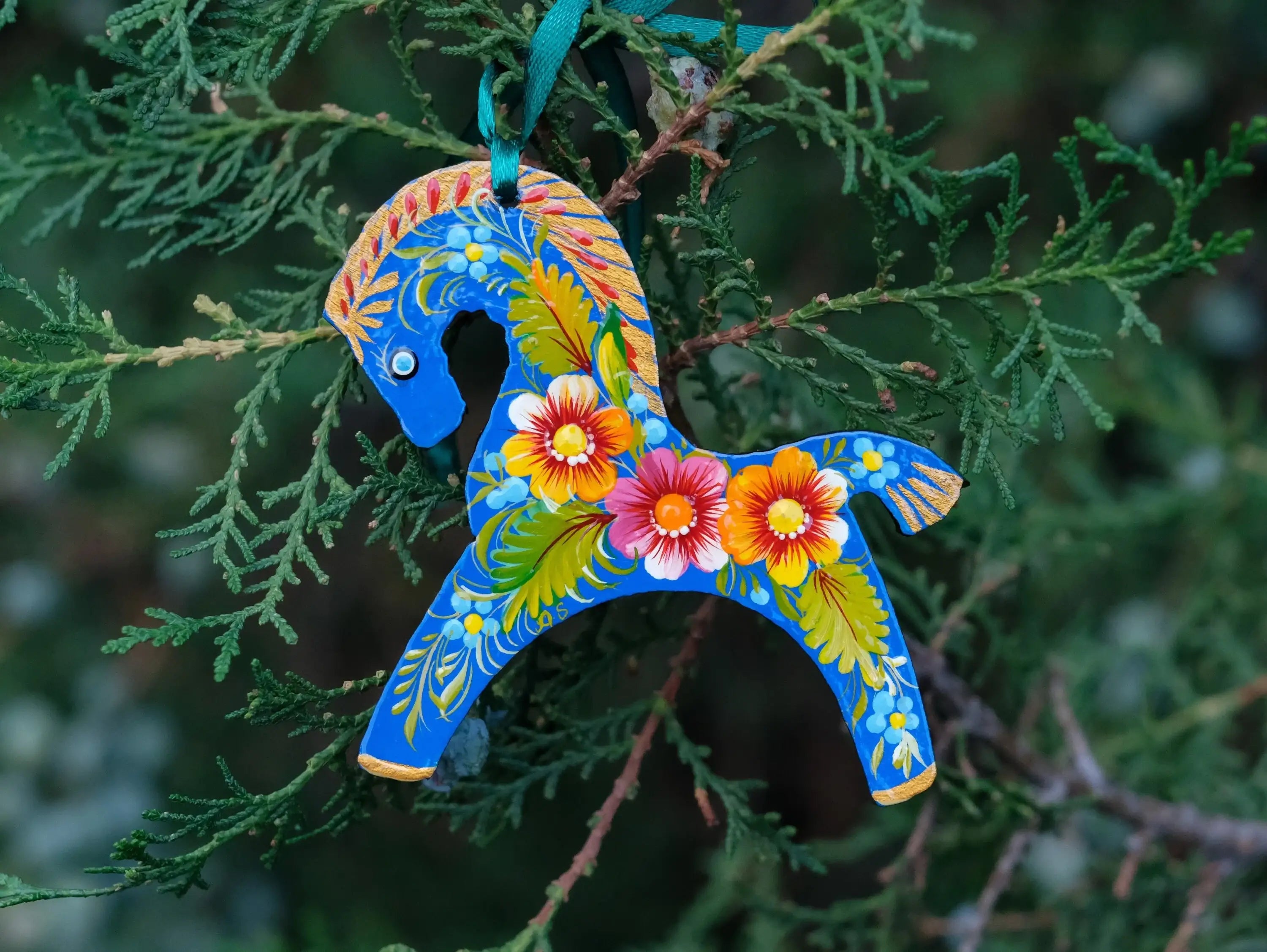 Blue Horse Easter Ornament Painted on Wood