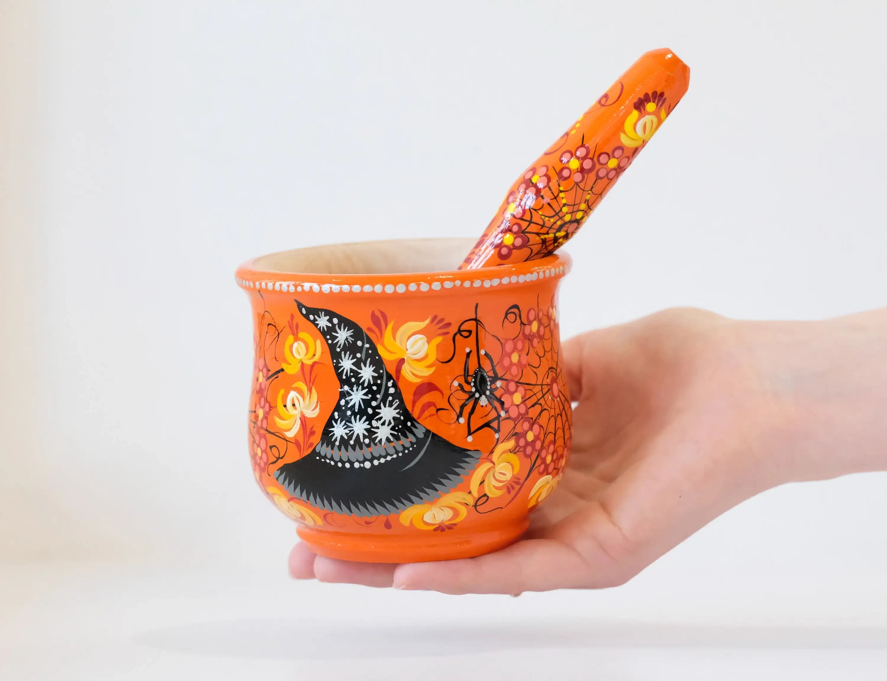 Wooden Mortar and Pestle Set Orange - Painted Halloween Crush Bowl with Witch Hat and Flying Bat