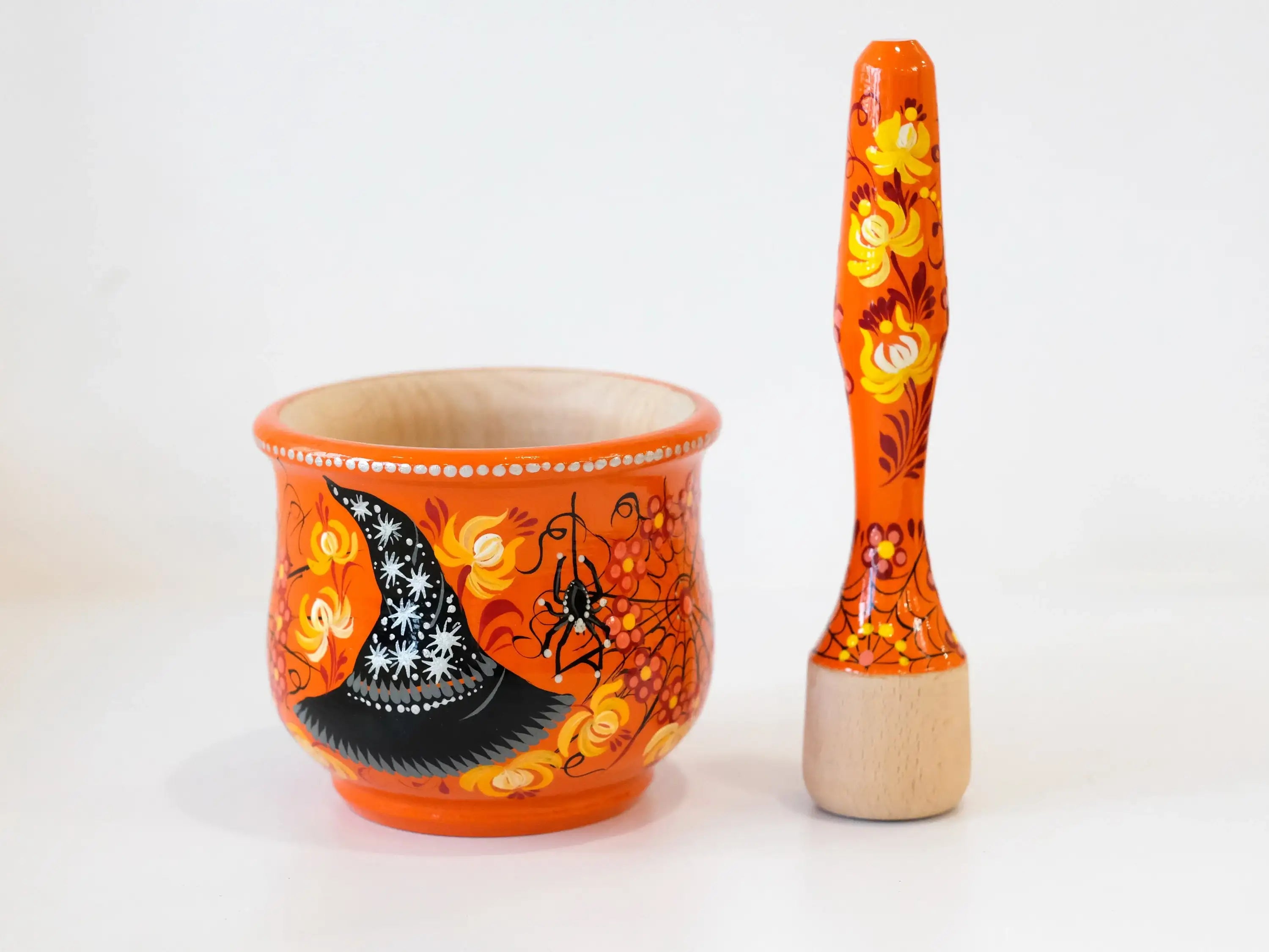 Wooden Mortar and Pestle Set Orange - Painted Halloween Crush Bowl with Witch Hat and Flying Bat